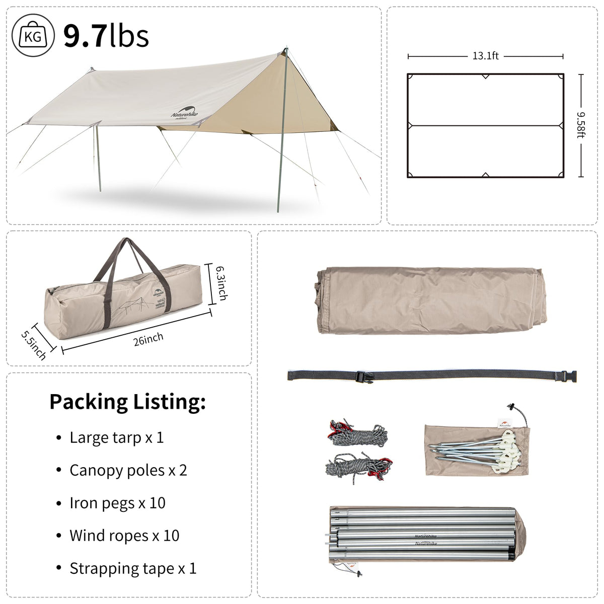 Naturehike Camping Tent Tarp,Camping Awning with Poles,Tent Canopy Rain Fly, Cam