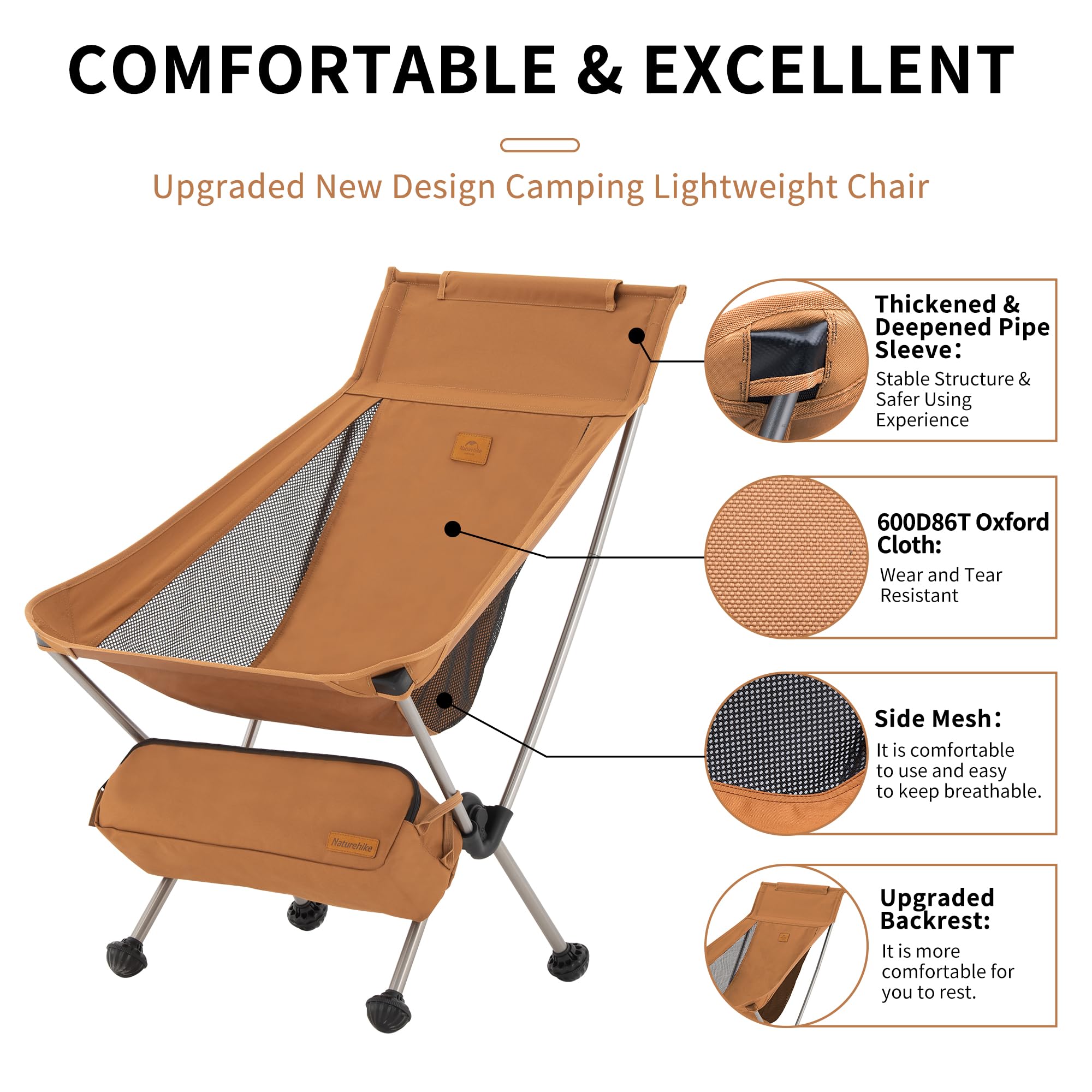 Naturehike YL09 Ultralight Camping Chair, 3.04 LBS Portable Backpacking Chair wi