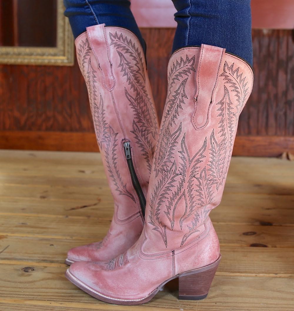 CORRAL Women's Embroidery Tall Top Snip Toe Western Cowgirl Style Leather Knee-H