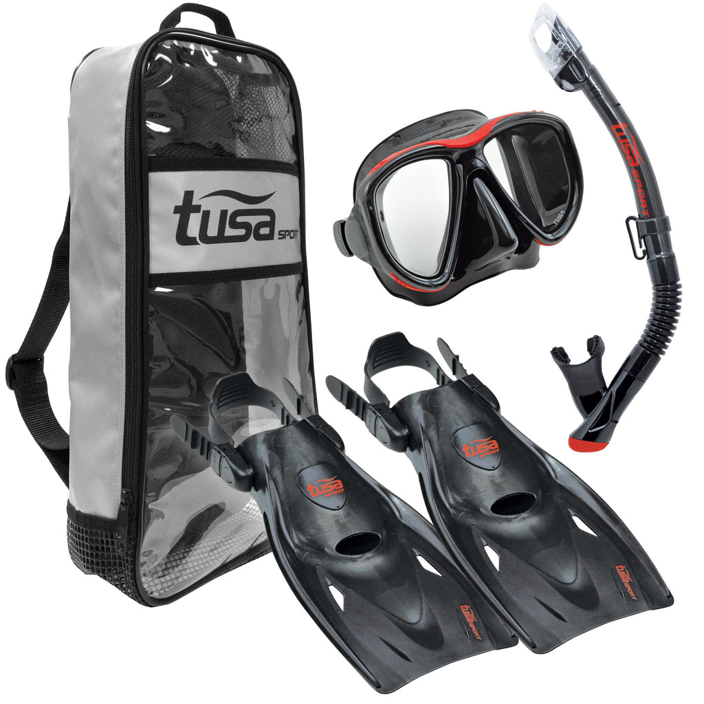 TUSA Sport Adult Powerview Mask, Dry Snorkel, and Fins Travel Set, Medium, Black