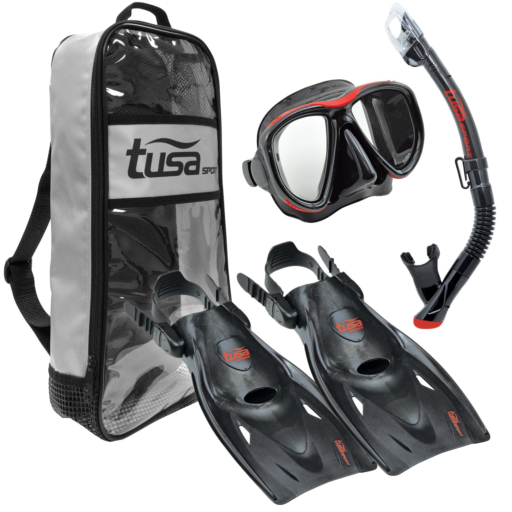 TUSA Sport Adult Powerview Mask, Dry Snorkel, and Fins Travel Set, Medium, Black