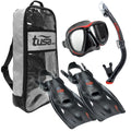 TUSA Sport Adult Powerview Mask, Dry Snorkel, and Fins Travel Set, Large, Black/