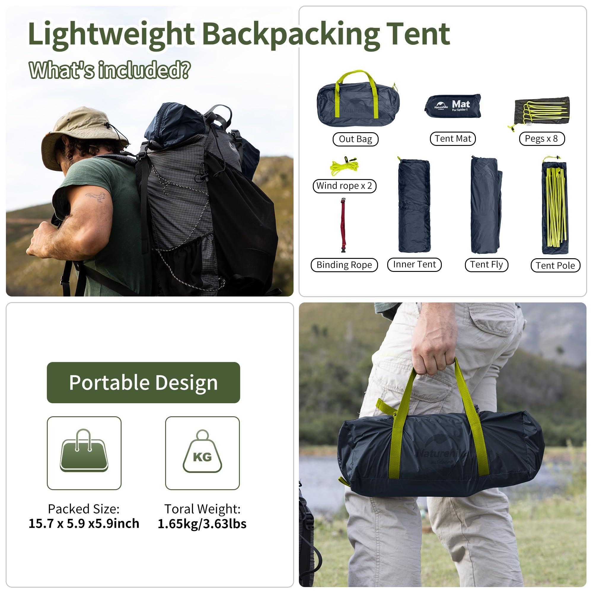 Naturehike Bikepacking 1 Person Tent, Waterproof Easy Set up Free Standing Singl