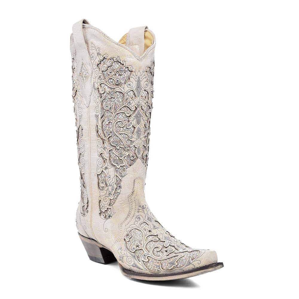 Corral Boots Womens 14-inch Off White Glitter Inlay & Crystals Snip Toe Pull-On