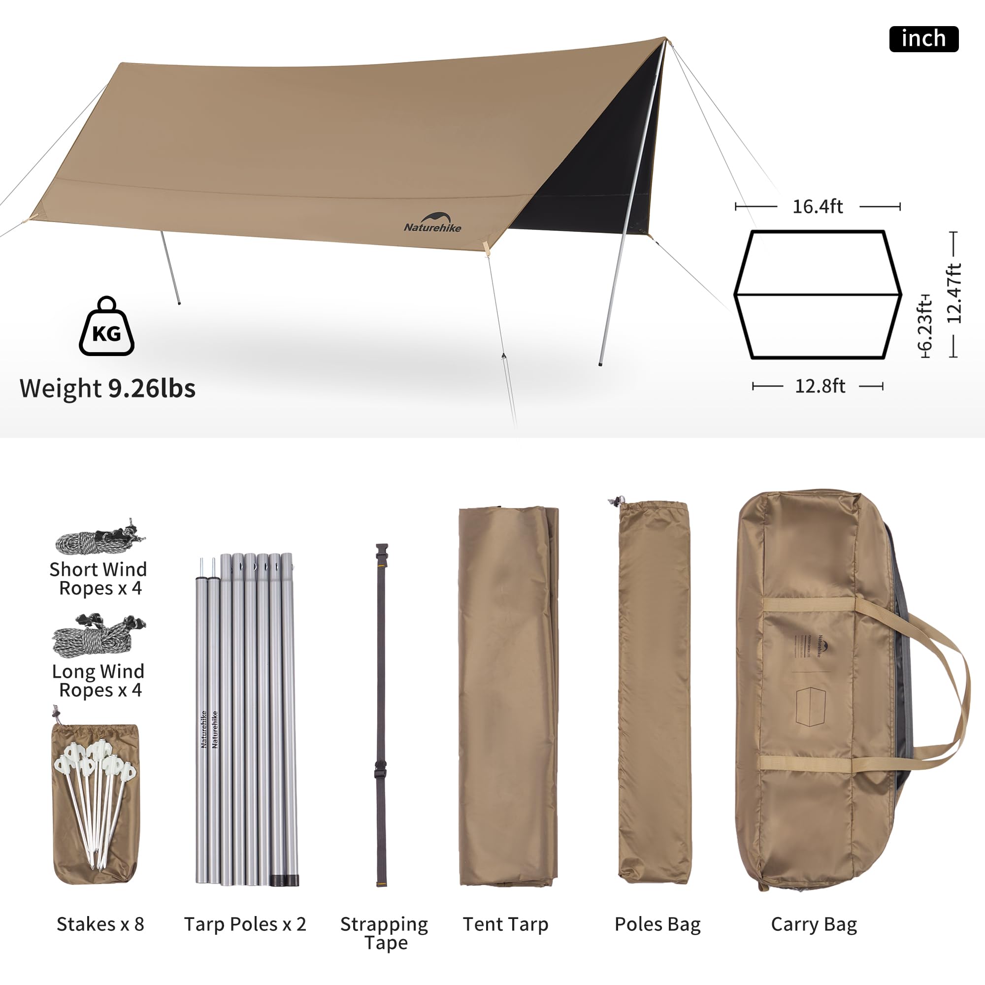 Naturehike Cloud Skies Camping Tent Tarp with Poles, Waterproof PU 18000mm+ Rain