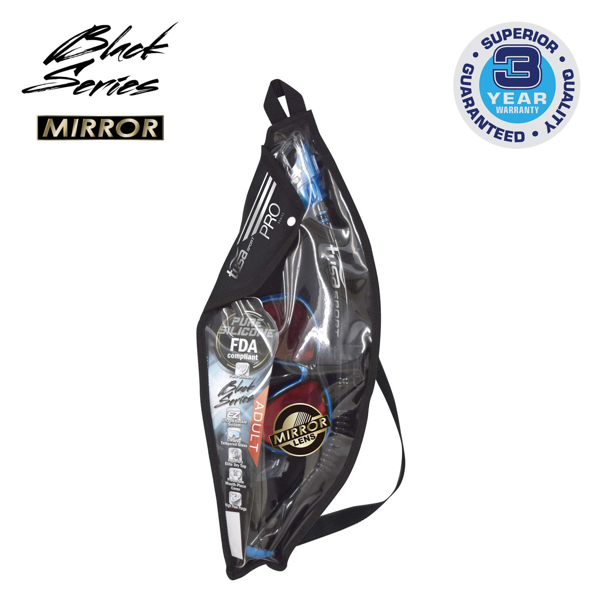 TUSA Sport Adult Powerview Mask and Dry Snorkel Combo, Black/Fishtail Blue Mirro