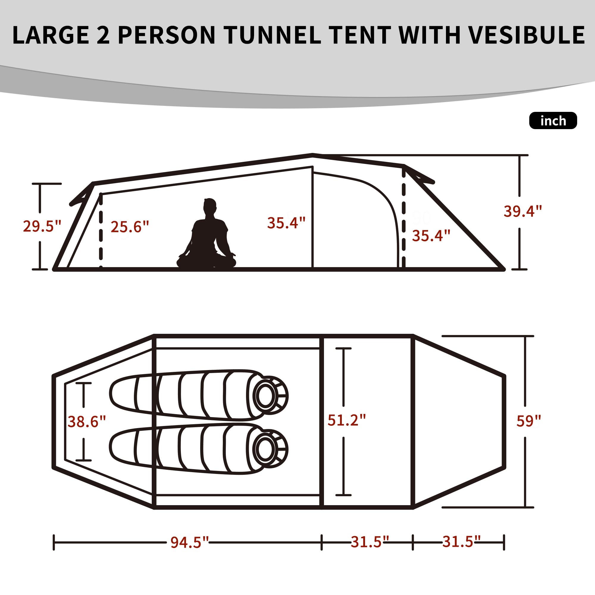 Naturehike Opalus Tunnel Backpacking Tent for 2-3 Person, 2 Person 3 Person Back
