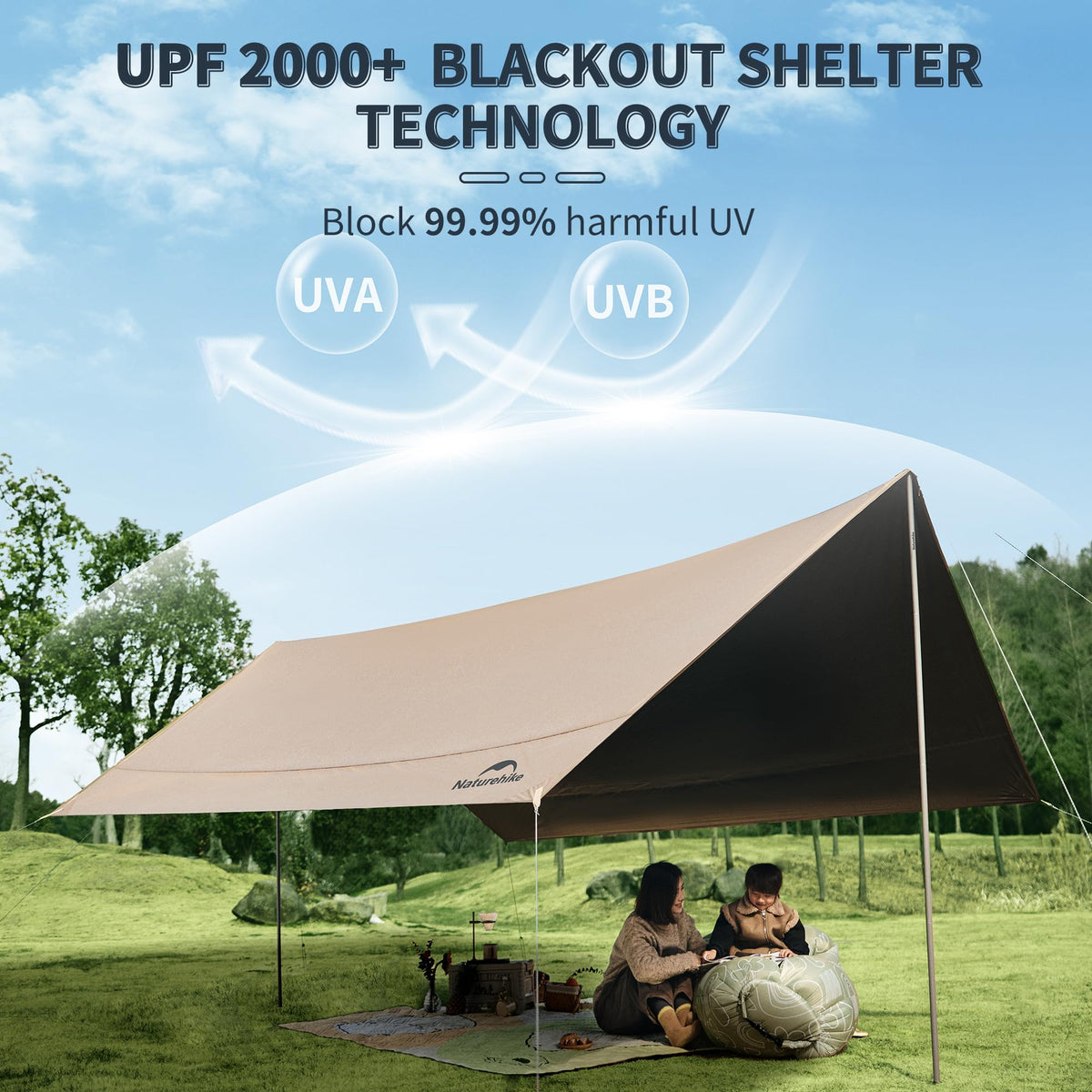 Naturehike Cloud Skies Camping Tent Tarp with Poles, Waterproof PU 18000mm+ Rain
