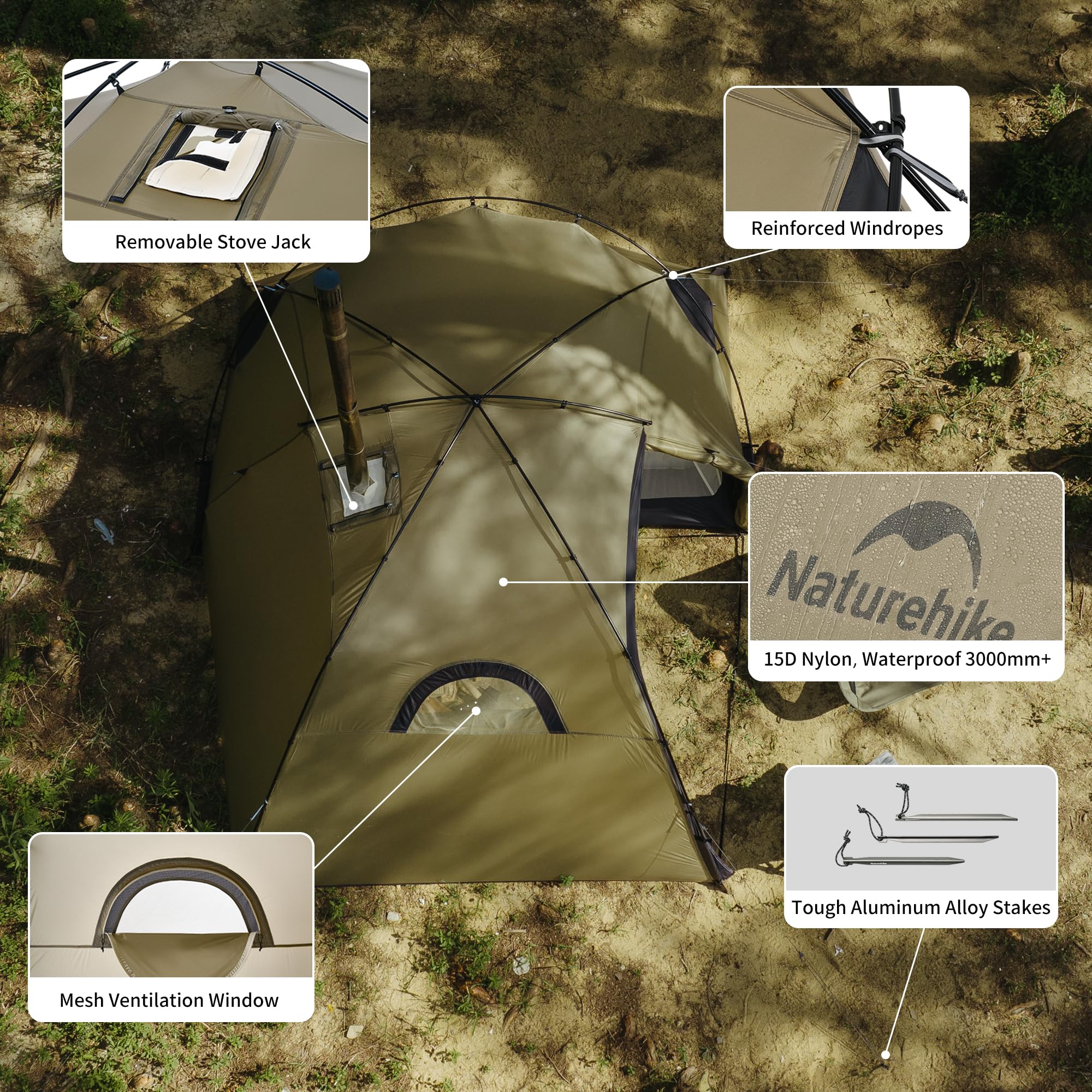 Naturehike Massif Hot Tent with Stove Jack, 4 Season Tent, 1/2/4/6 Person Campin