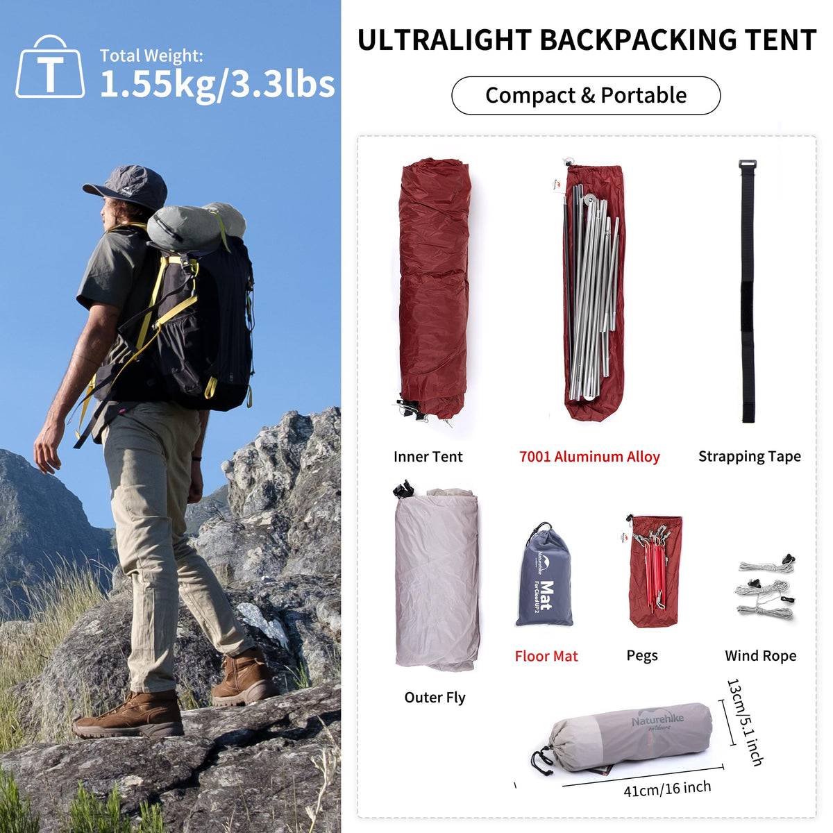 Naturehike Cloud-Up 1 Person Tent Lightweight Backpacking Tent for One Man, Wate