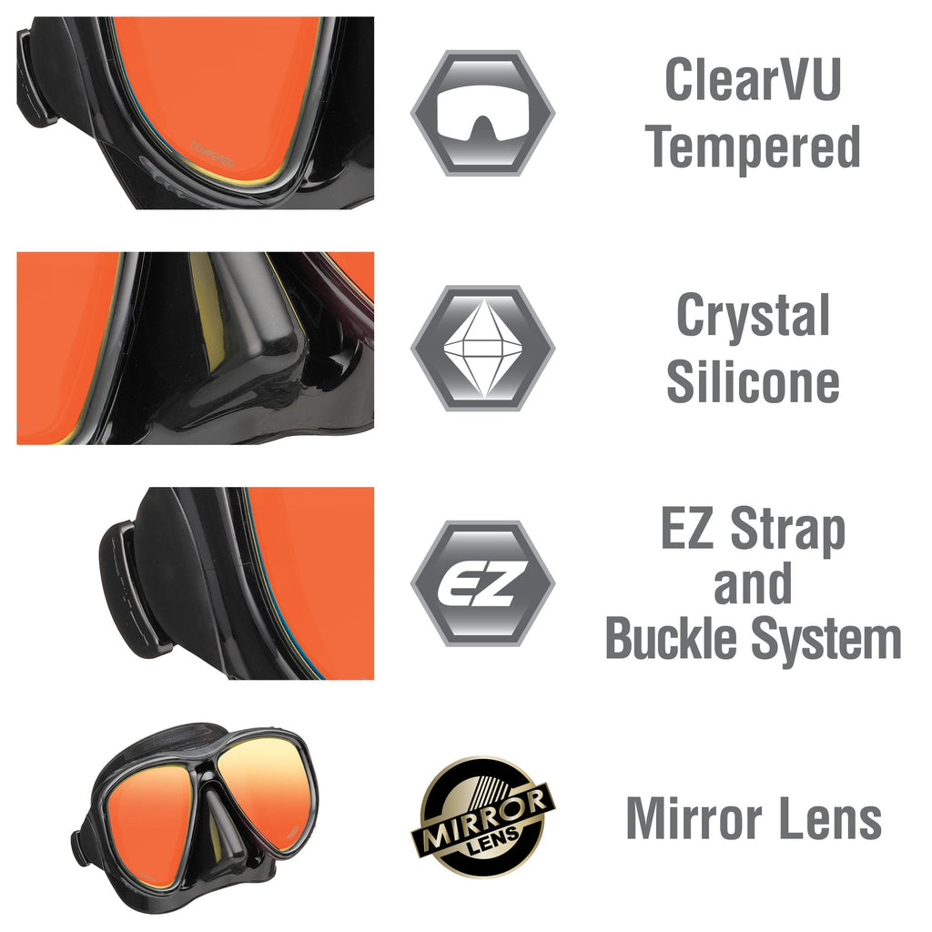 TUSA Sport Adult Powerview Mask and Dry Snorkel Combo, Black/Black Mirrored Lens, view 3