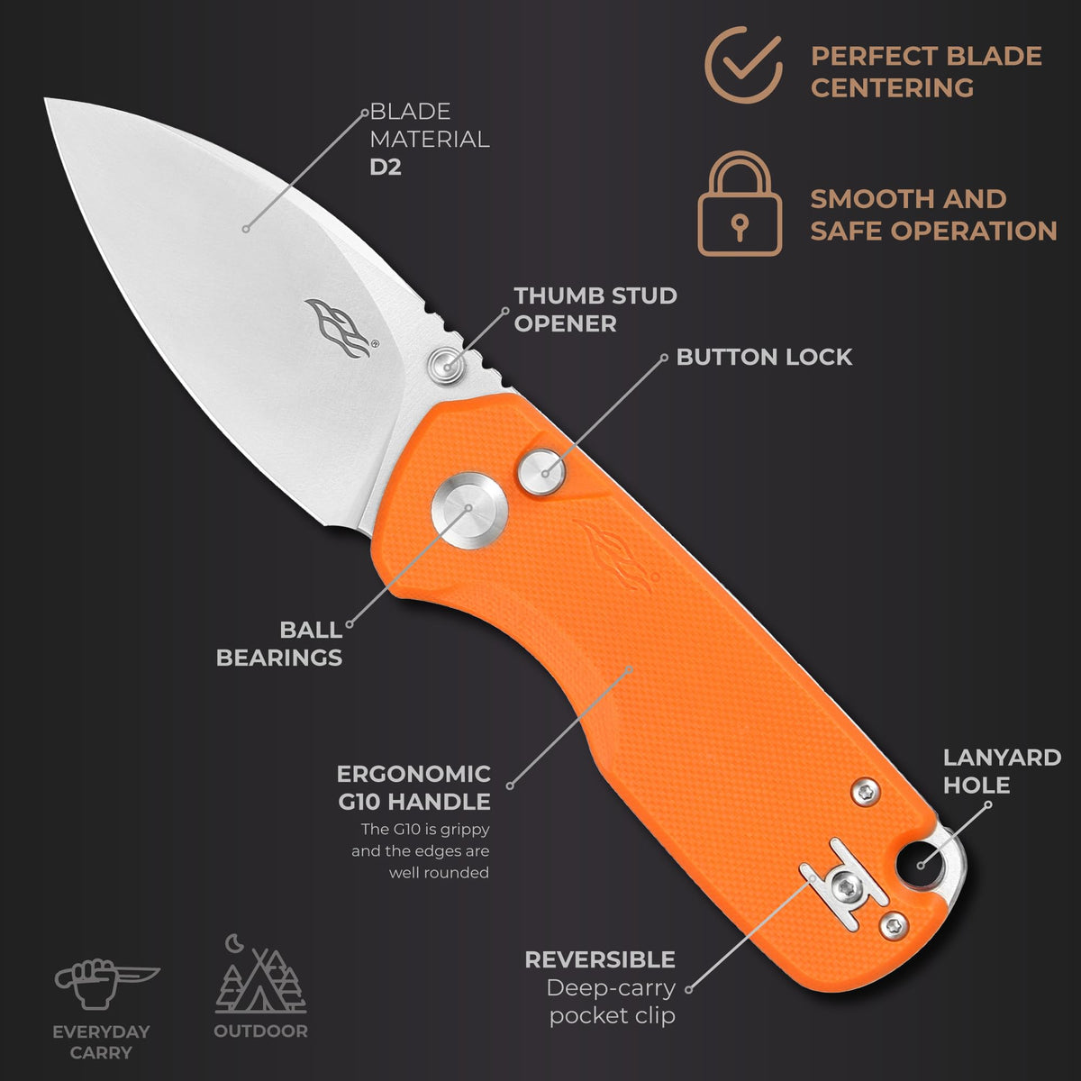 Firebird GANZO FH925-OR Small Pocket Folding Knife Button Lock D2