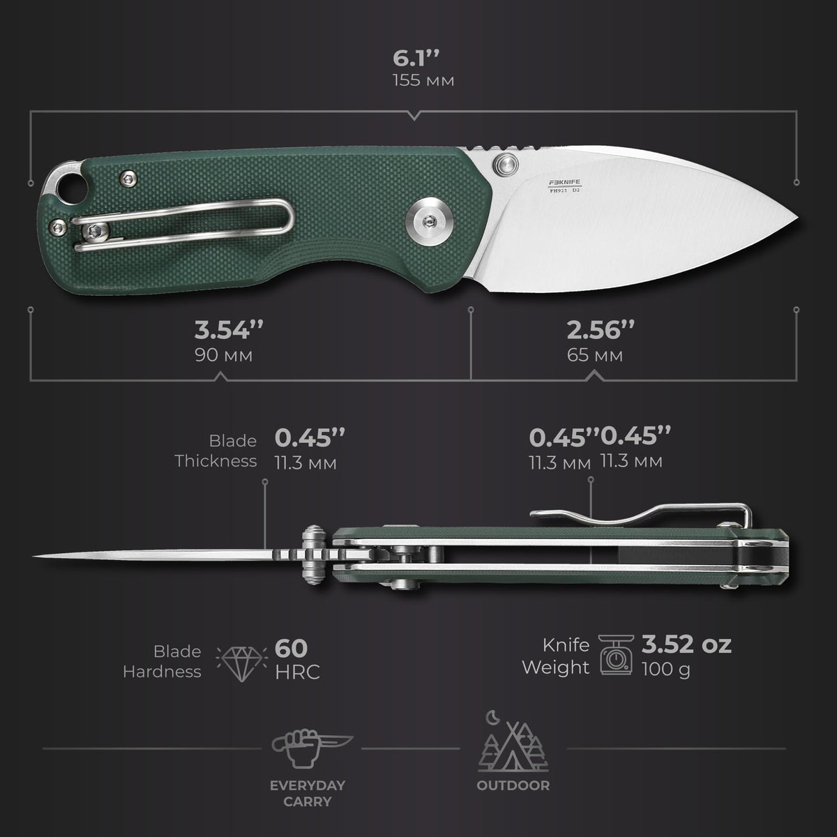 Firebird GANZO FH925-GB Small Pocket Folding Knife Button Lock D2