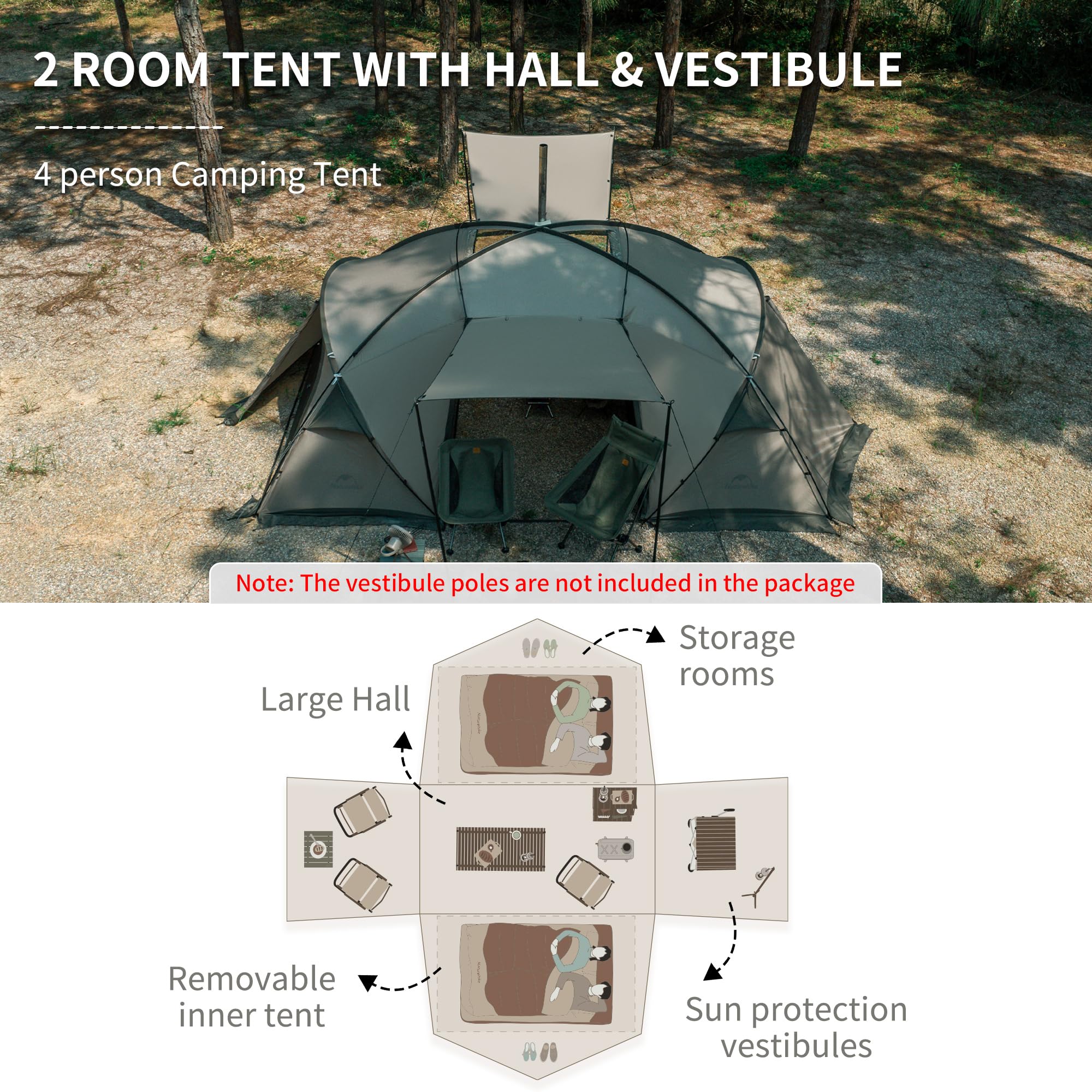 Naturehike Massif Hot Tent with Stove Jack, 4 Season Tent for 2-4 Person, UPF50+
