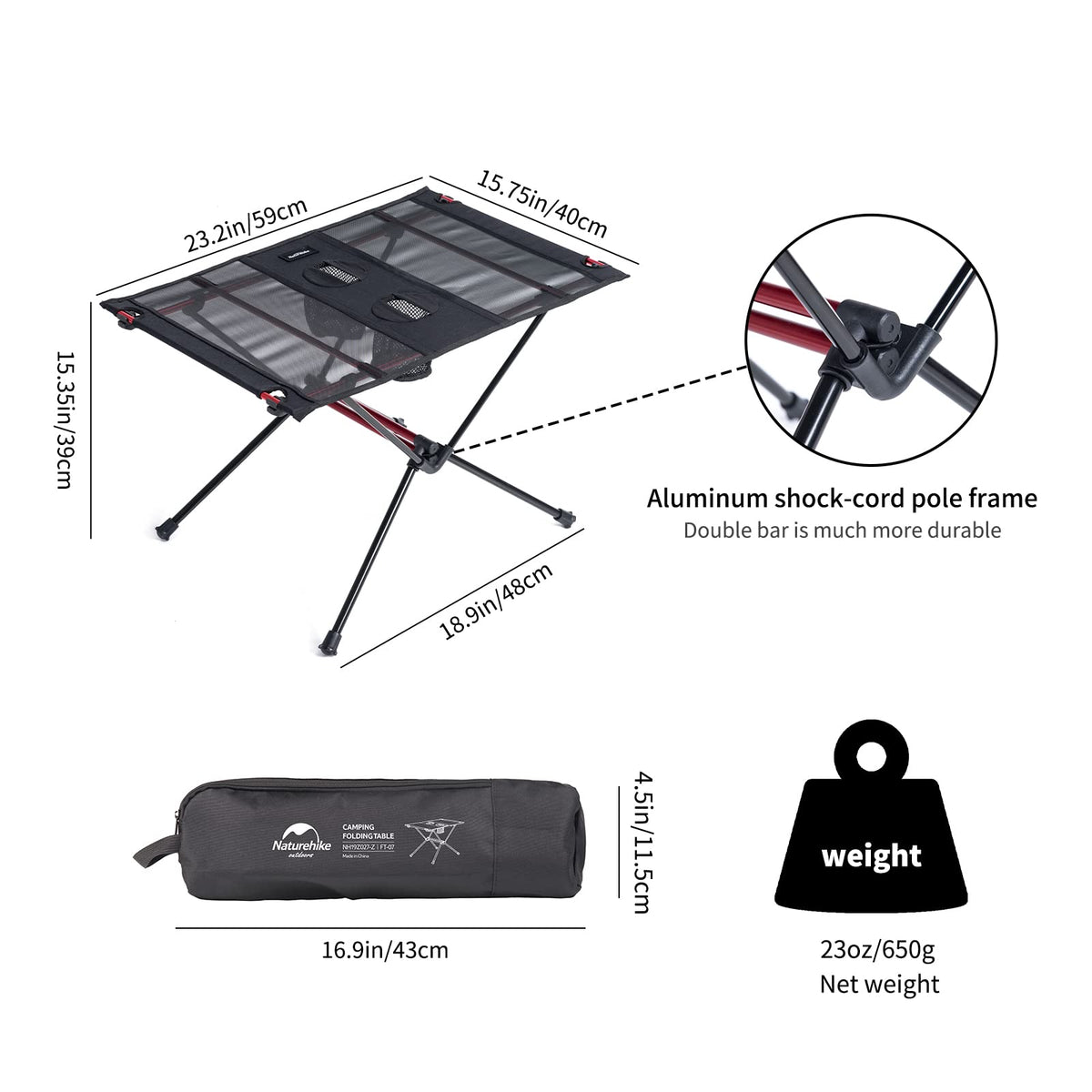 Naturehike FT07 Ultralight Camping Table, 1.6 LBS Portable Backpacking Table wit