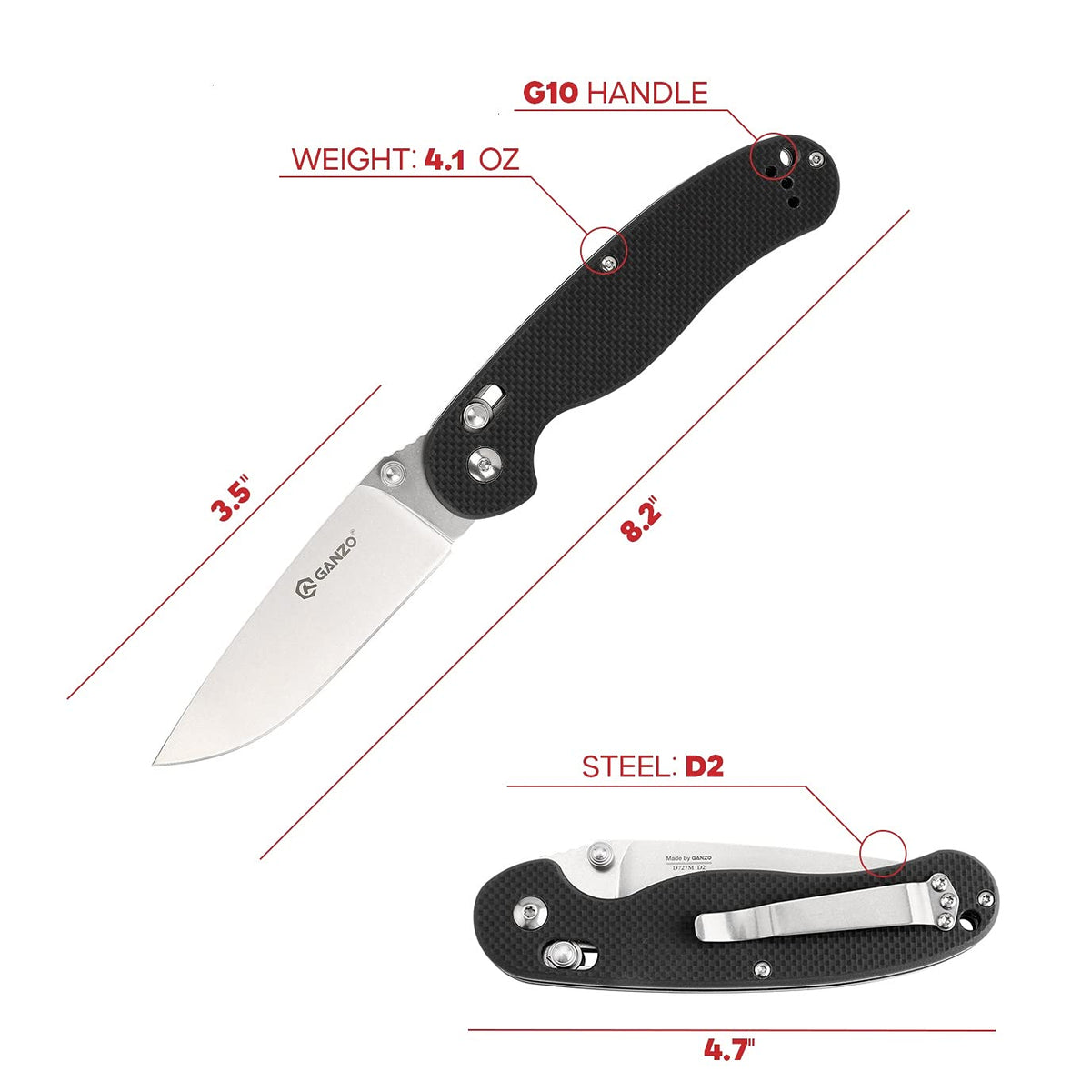 Ganzo D727M-BK Pocket Folding Knife D2 Steel Blade G10