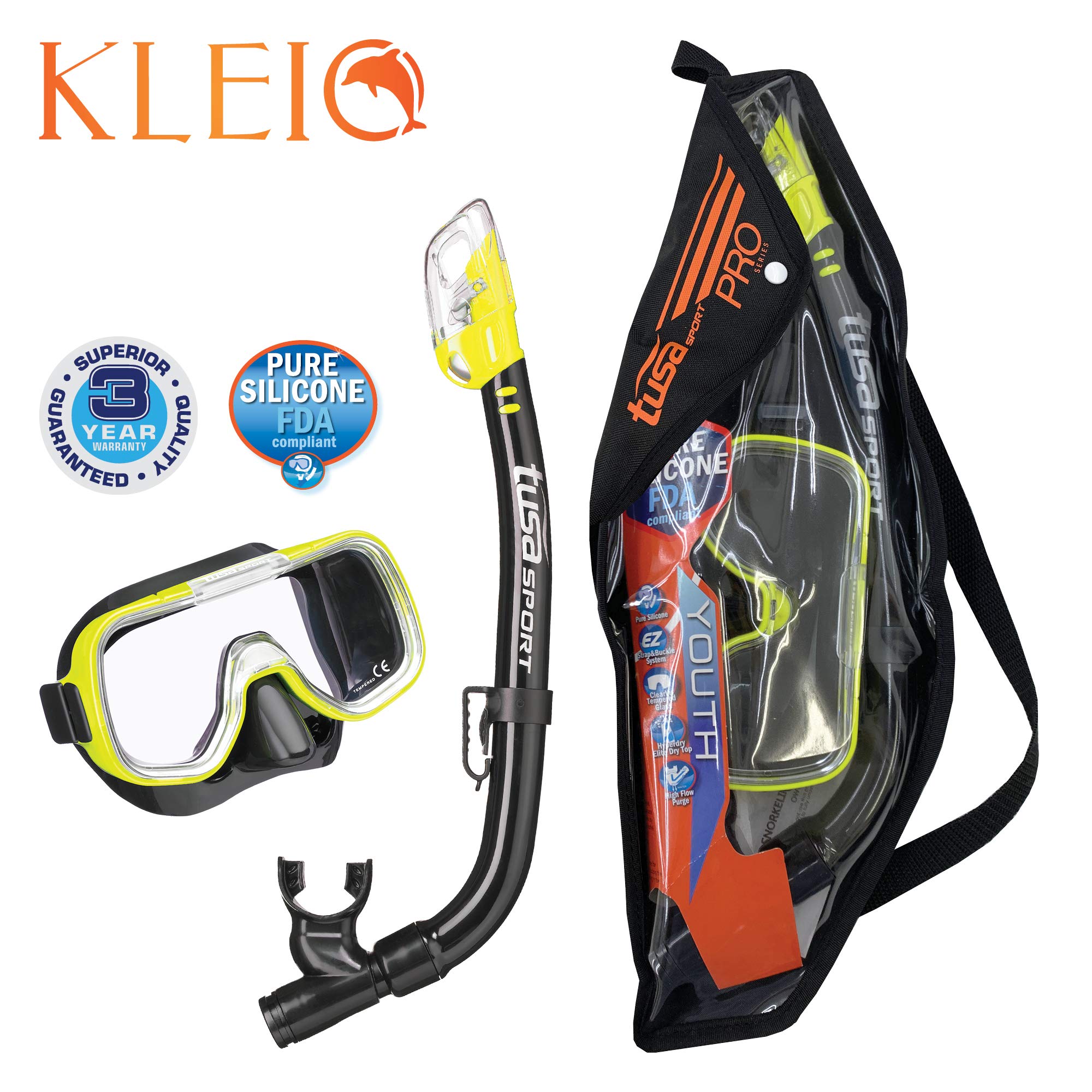 TUSA Sport Youth Mini-Kleio Mask and Dry Snorkel Combo Set, Black/Flash Yellow,