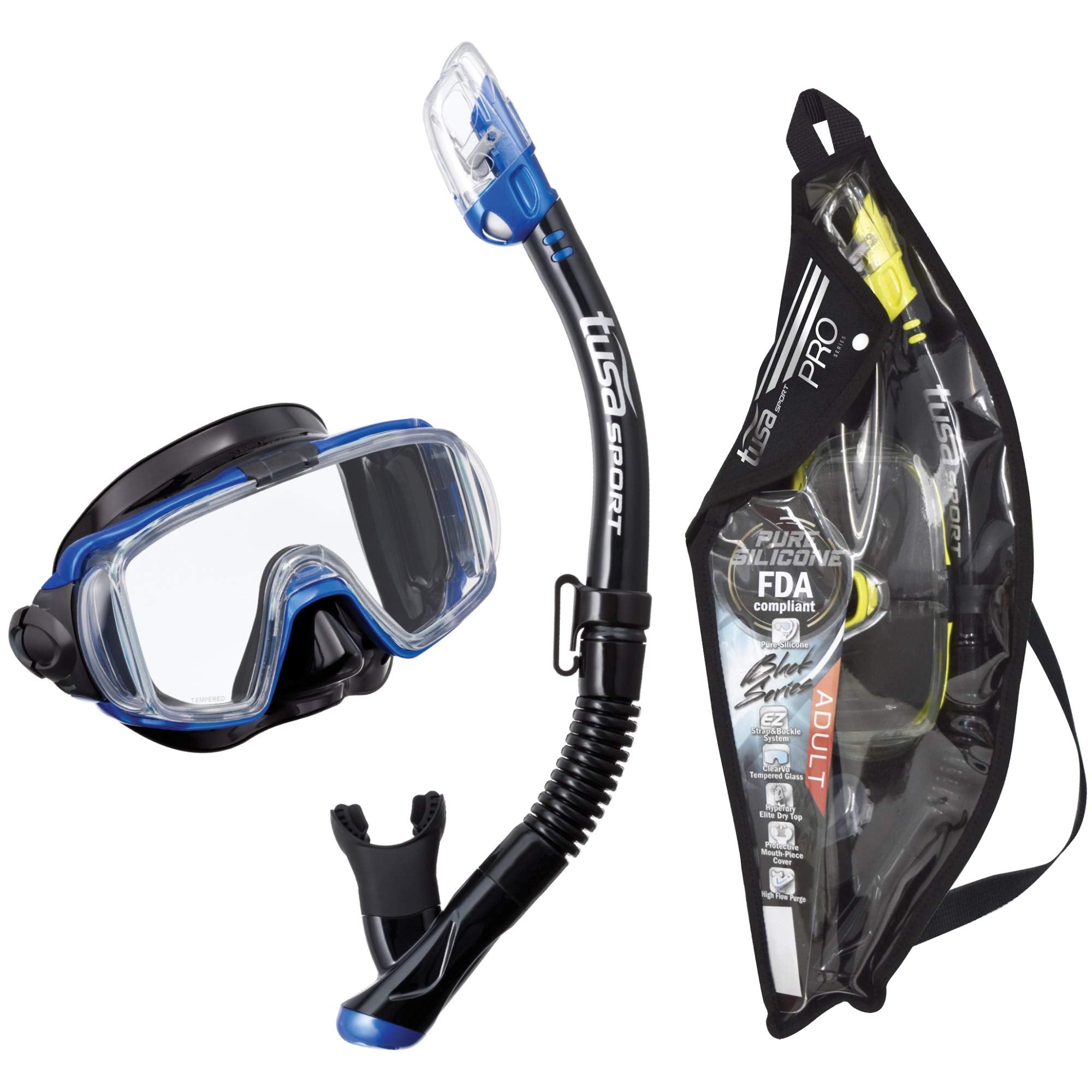 TUSA Sport Adult Visio Tri-Ex Mask and Dry Snorkel Combo, Black/Metallic Blue, U