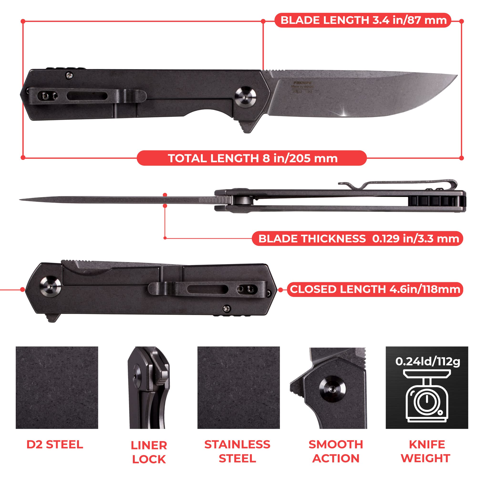 Firebird GANZO FH13-SS Pocket Folding Knife 60HRC D2 Steel