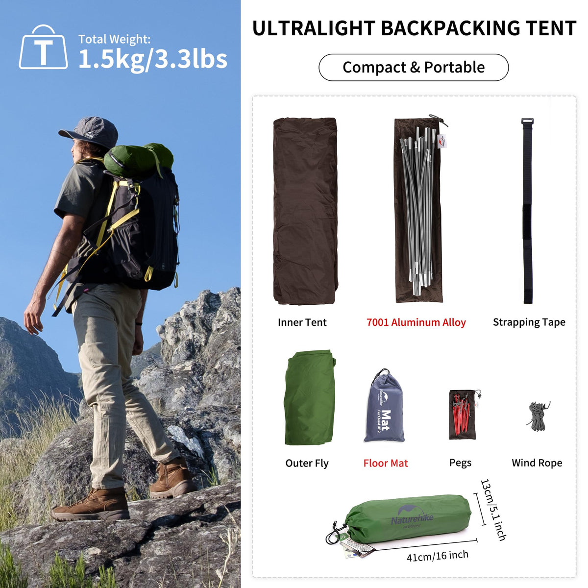 Naturehike Cloud-Up 1 Person Tent Lightweight Backpacking Tent for One Man, Wate