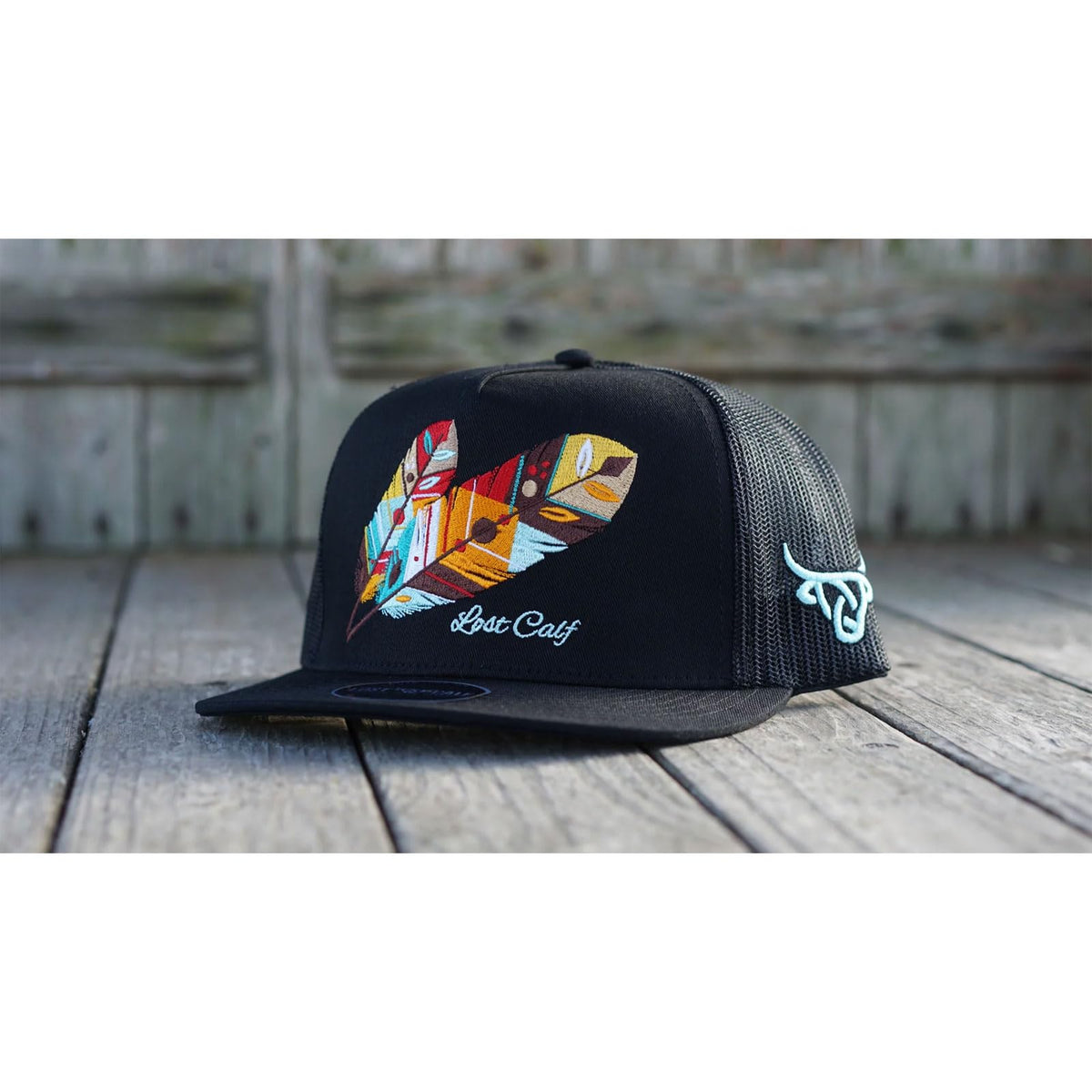 Lost Calf Feather Black Flat Trucker Cap