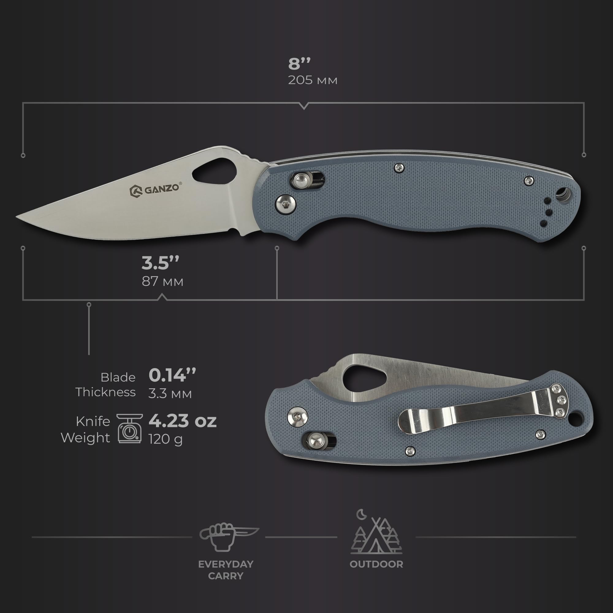 Ganzo G729-GY Folding Pocket Knife 440C Stainless Steel Blade G10