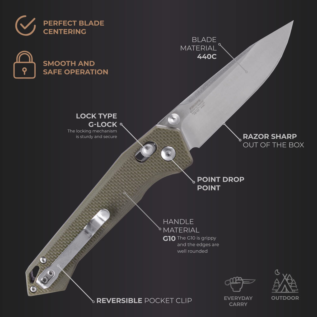 Firebird Ganzo FB7651-GR Pocket Folding Knife 440C