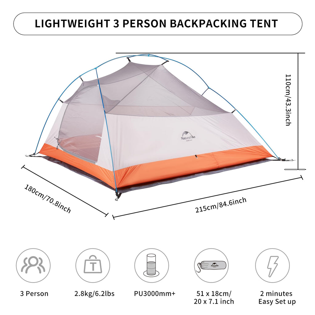 Naturehike Cloud-Up 3 Person Lightweight Backpacking Tent with Footprint - 3 Sea, view 2