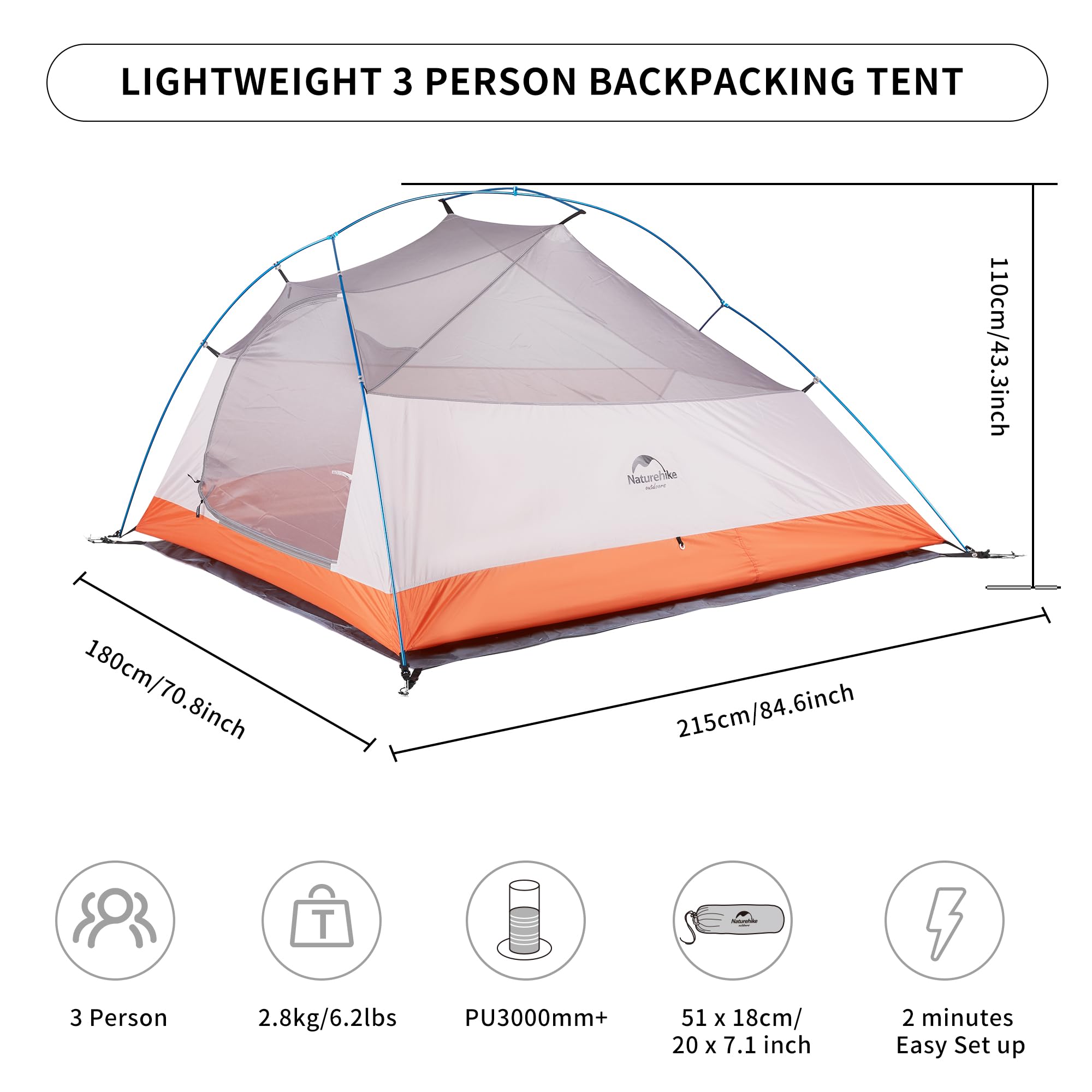 Naturehike Cloud-Up 3 Person Lightweight Backpacking Tent with Footprint - 3 Sea
