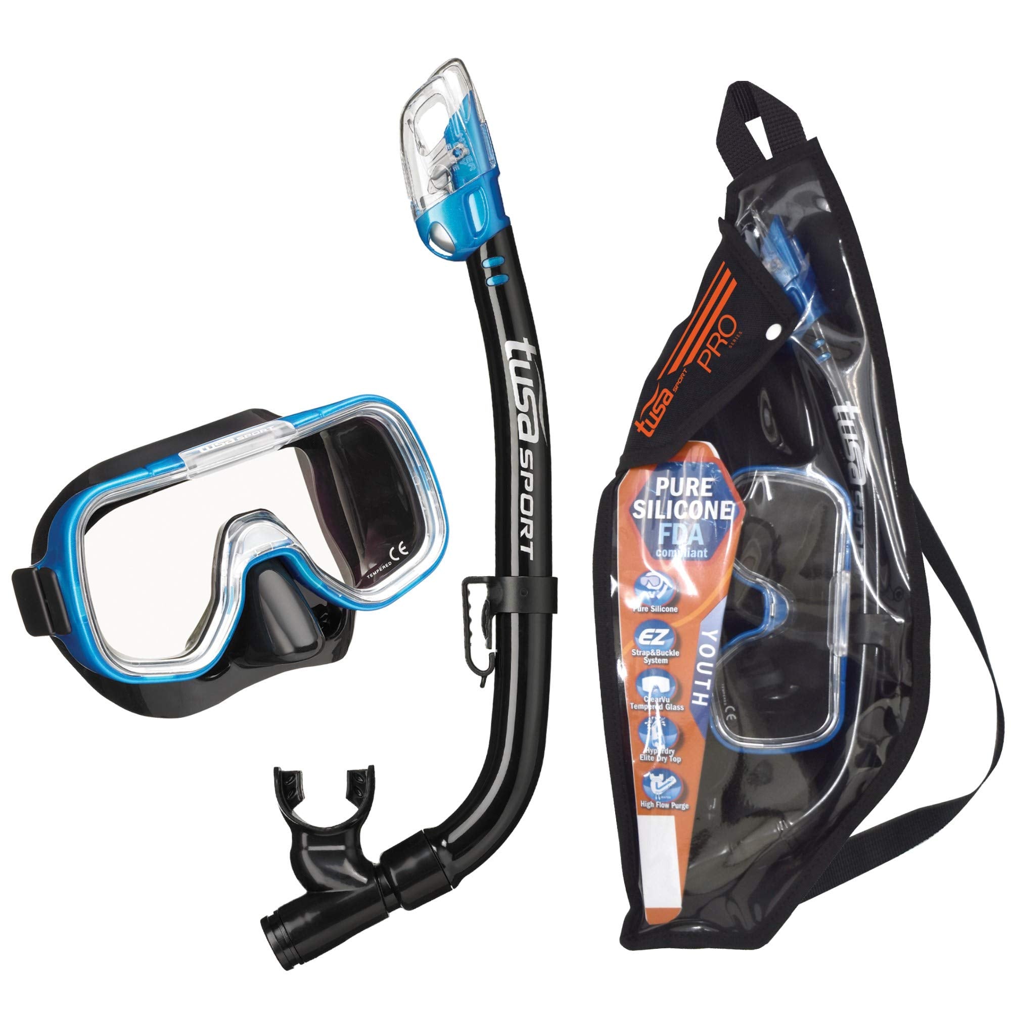 TUSA Sport Youth Mini-Kleio Mask and Dry Snorkel Combo Set, Black/Fishtail Blue,