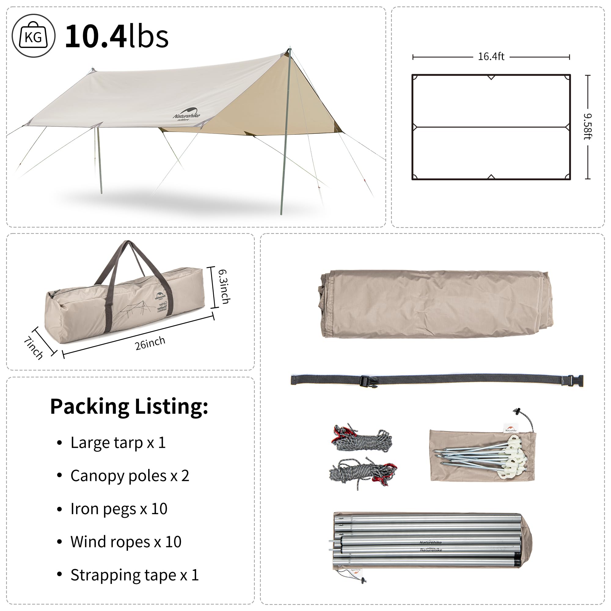 Naturehike Camping Tent Tarp,Camping Awning with Poles,Tent Canopy Rain Fly, Cam