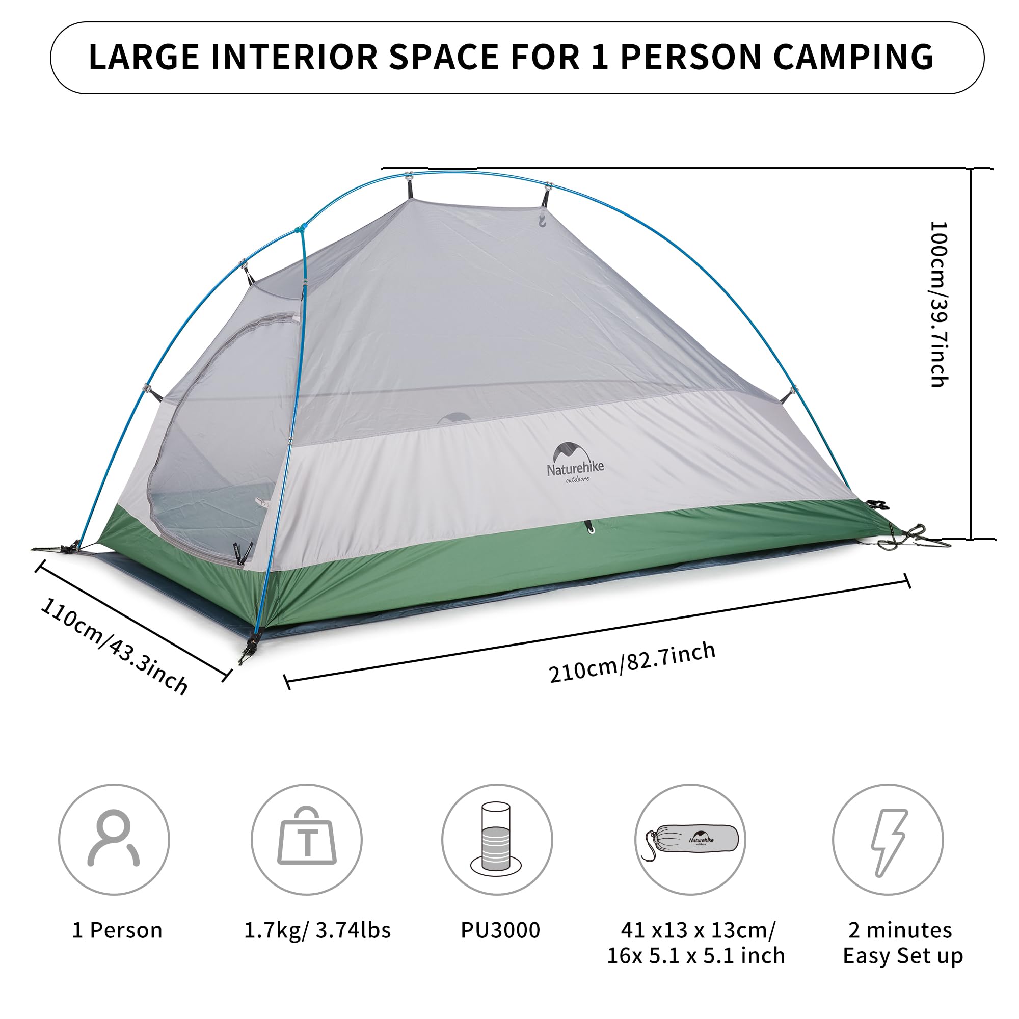 Naturehike Cloud-Up 1 Person Tent Lightweight Backpacking Tent for One Man, Wate