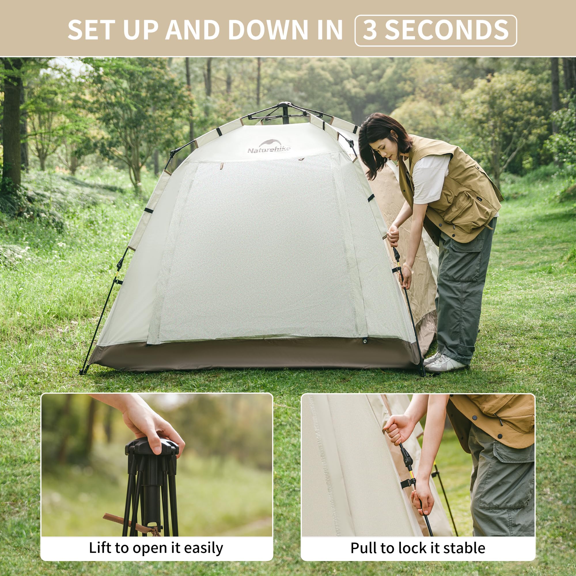 Naturehike Ango Picnic 3 Person Tent, Instant Pop up Tents for Camping, 3 Person