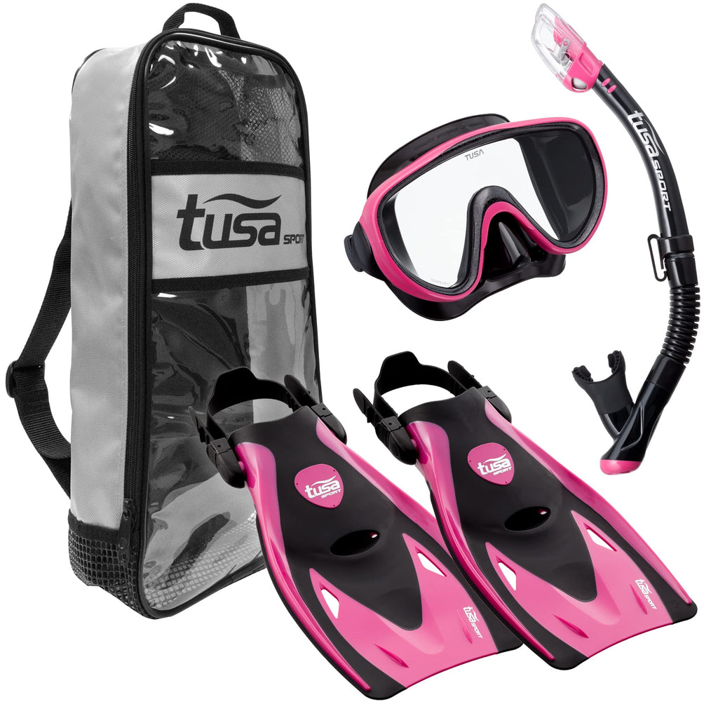 TUSA Sport Adult Serene Mask, Dry Snorkel, and Fin Travel Set, Black/Hot Pink, M