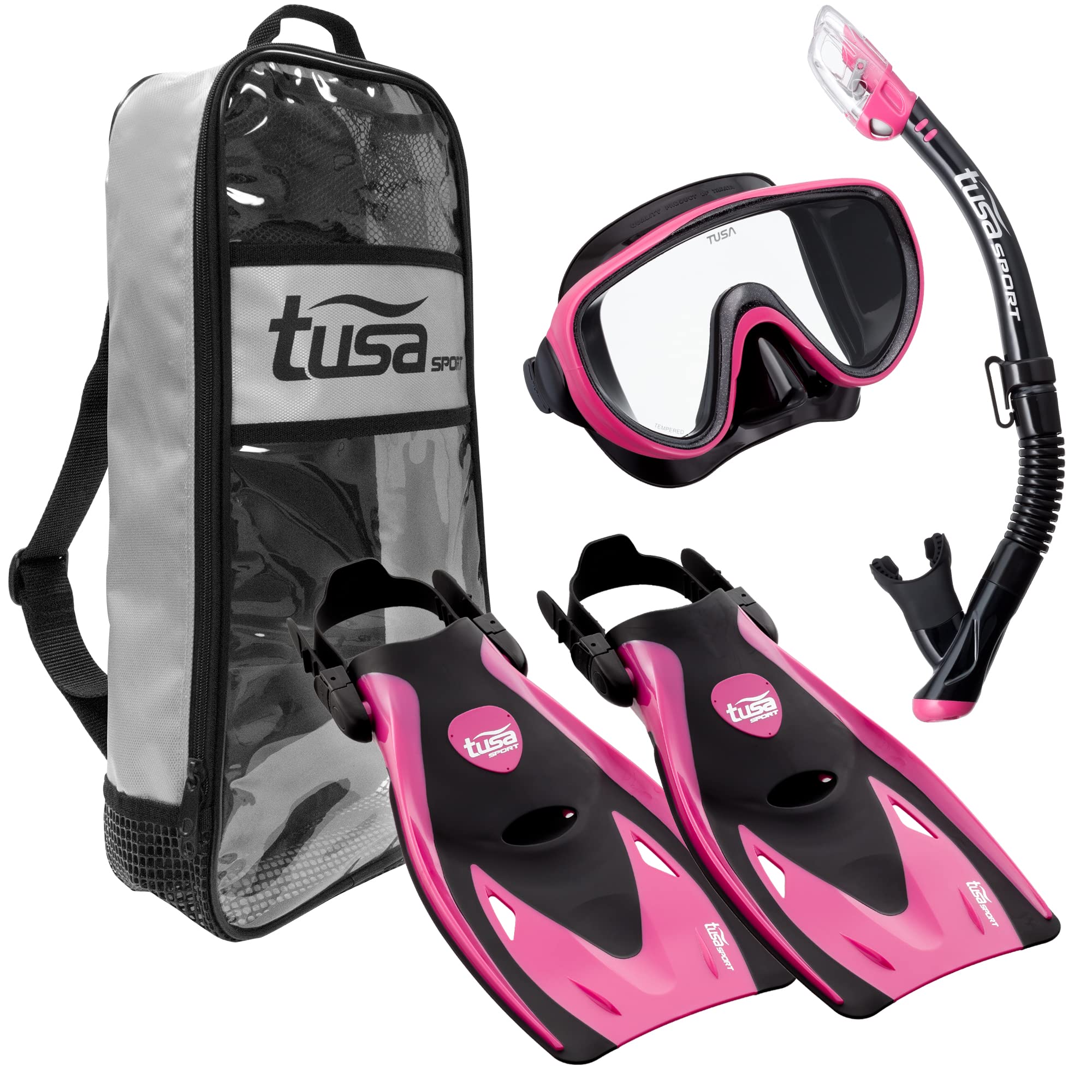 TUSA Sport Adult Serene Mask, Dry Snorkel, and Fin Travel Set, Black/Hot Pink, M