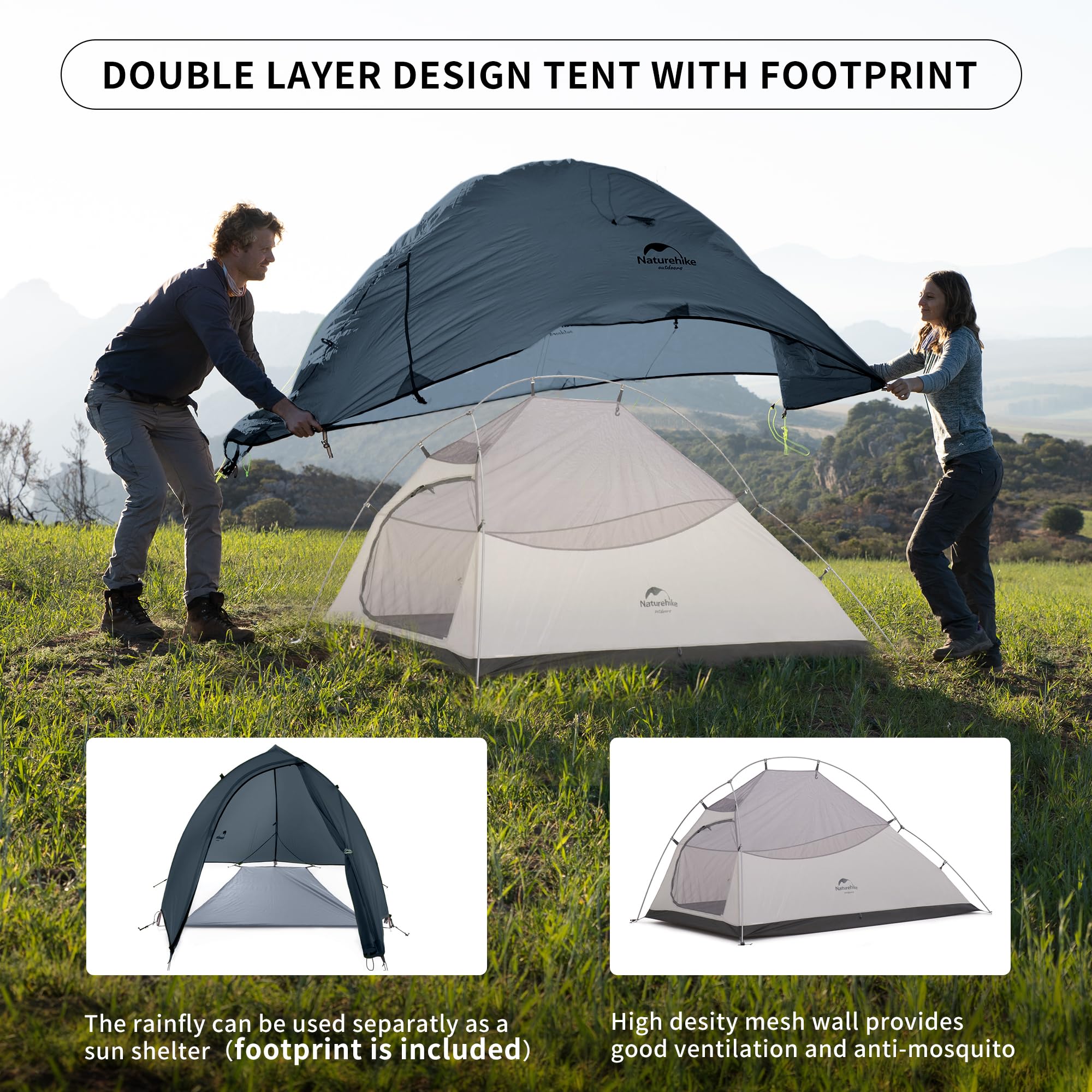 Naturehike Cloud-Up 2 Person Tent Lightweight Backpacking Tent with Footprint -