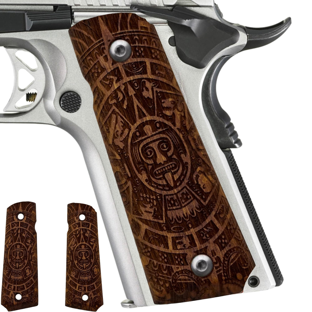 Zib Grips, Aztec Calendar Design 1911 Wooden Pistol Grips