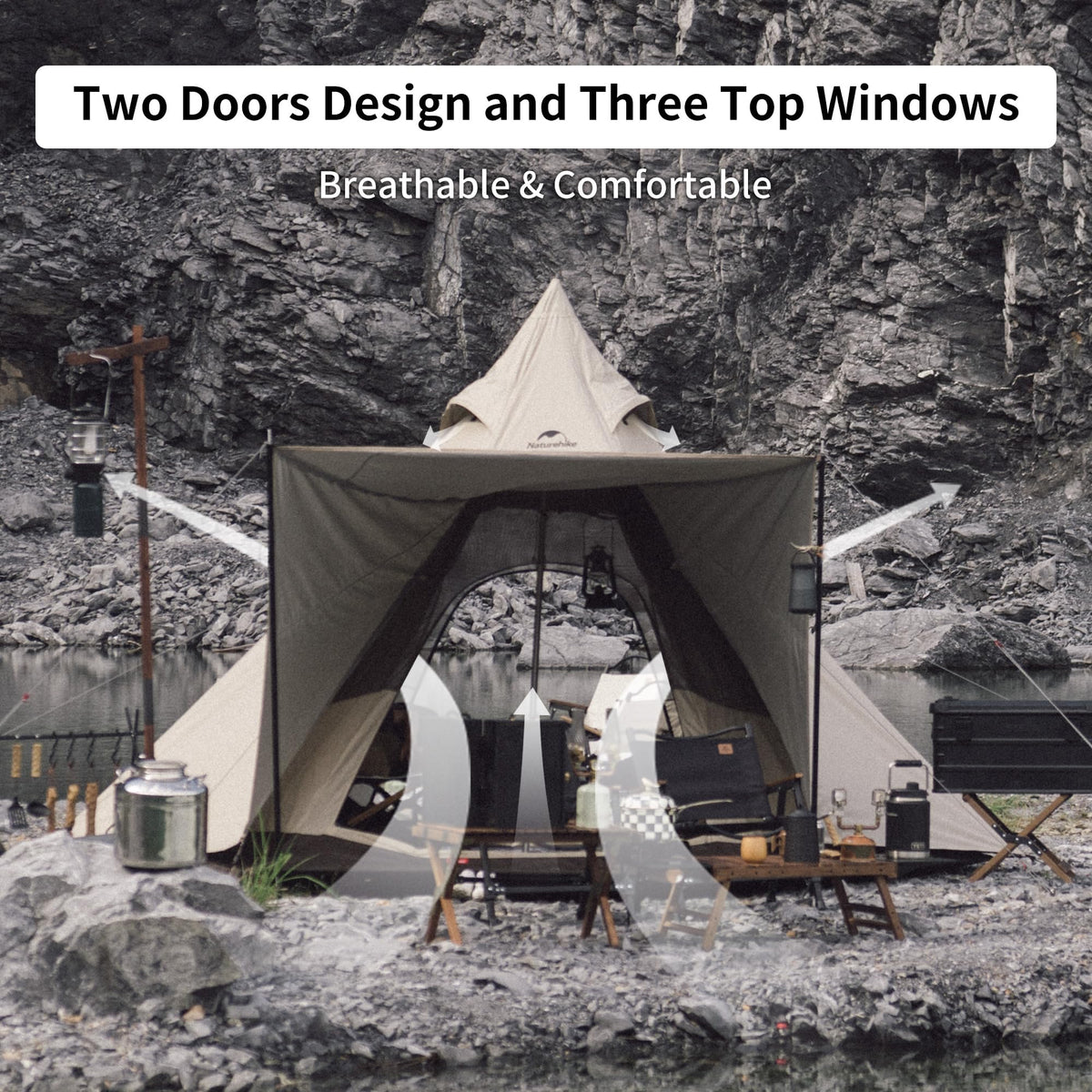 Naturehike Ranch 4 Person Teepee Tent, 4 Season Tent with Snow Skirt, Waterproof