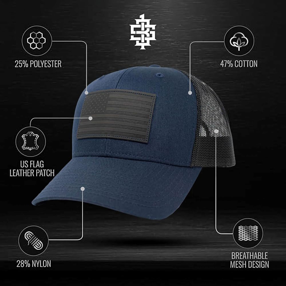 13 STRIPES American Flag Hat – Leather Patch Mesh Back Snapback Hat for Men & Wo
