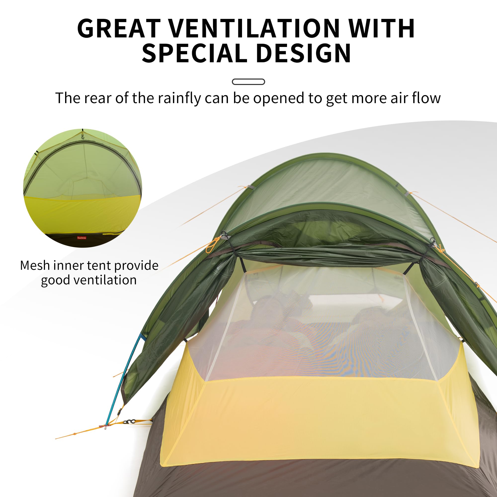 Naturehike Opalus Tunnel Backpacking Tent for 2-3 Person, 2 Person 3 Person Back
