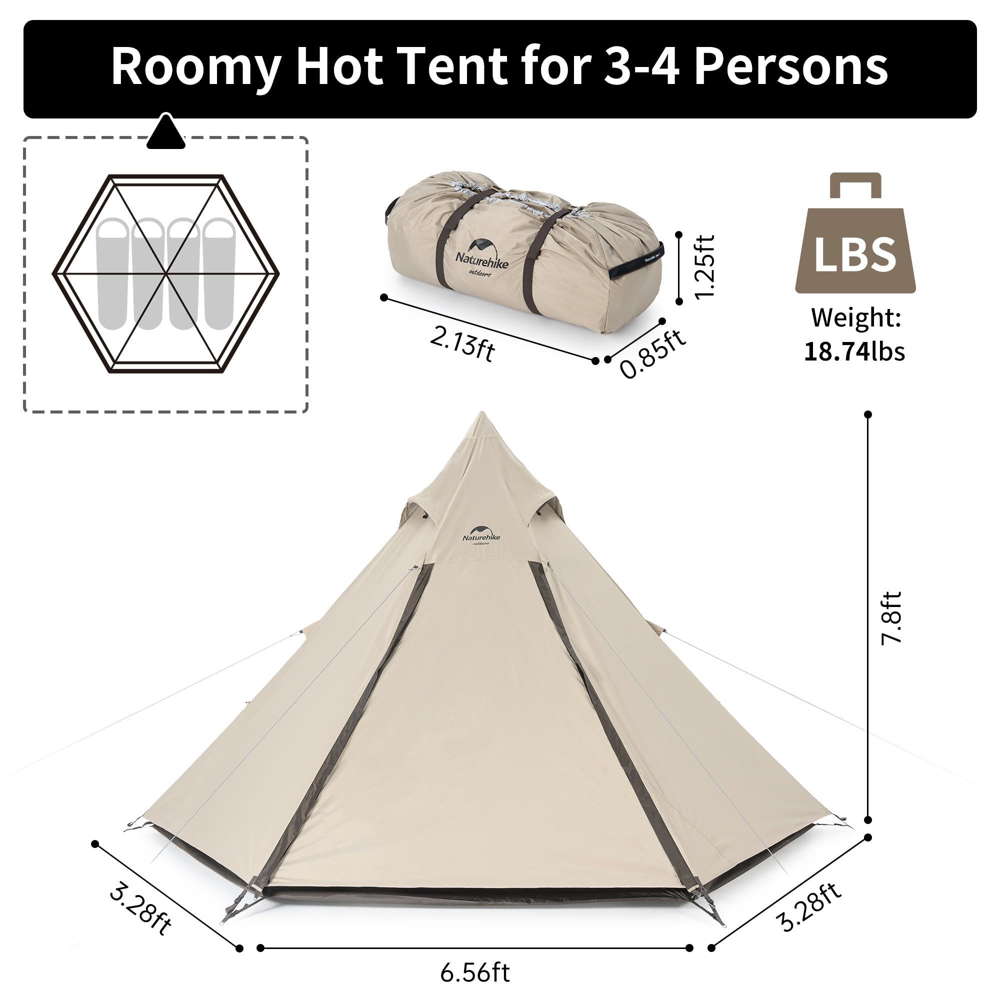 Naturehike Ranch 4 Person Teepee Tent, 4 Season Tent with Snow Skirt, Waterproof