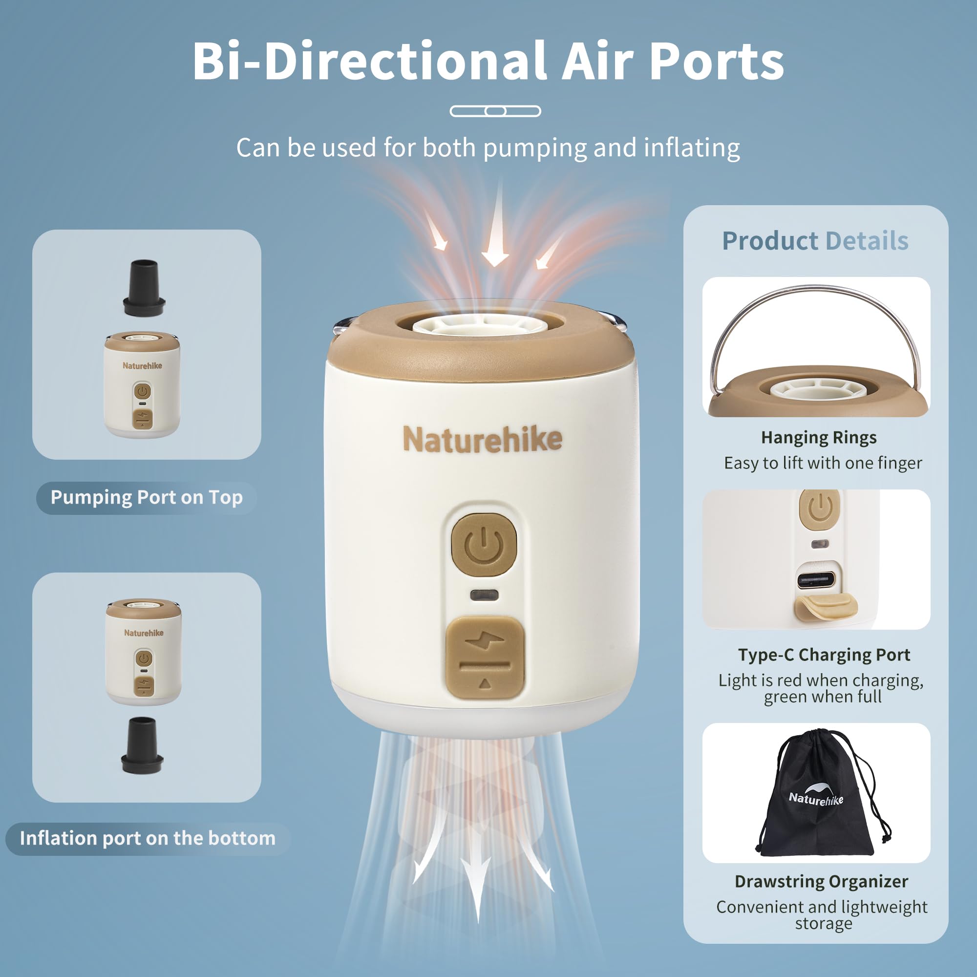 Naturehike Portable Mini Air Pump with 1600mAh Battery, Ultralight Tiny Pump wit
