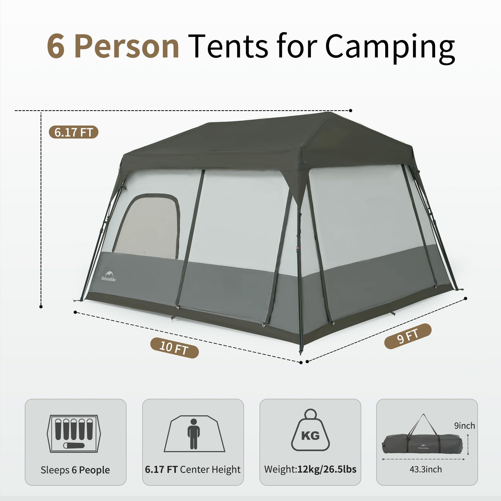 Naturehike 6-8 Person Camping Tent, Easy Set up Instant Tents for Camping, Large