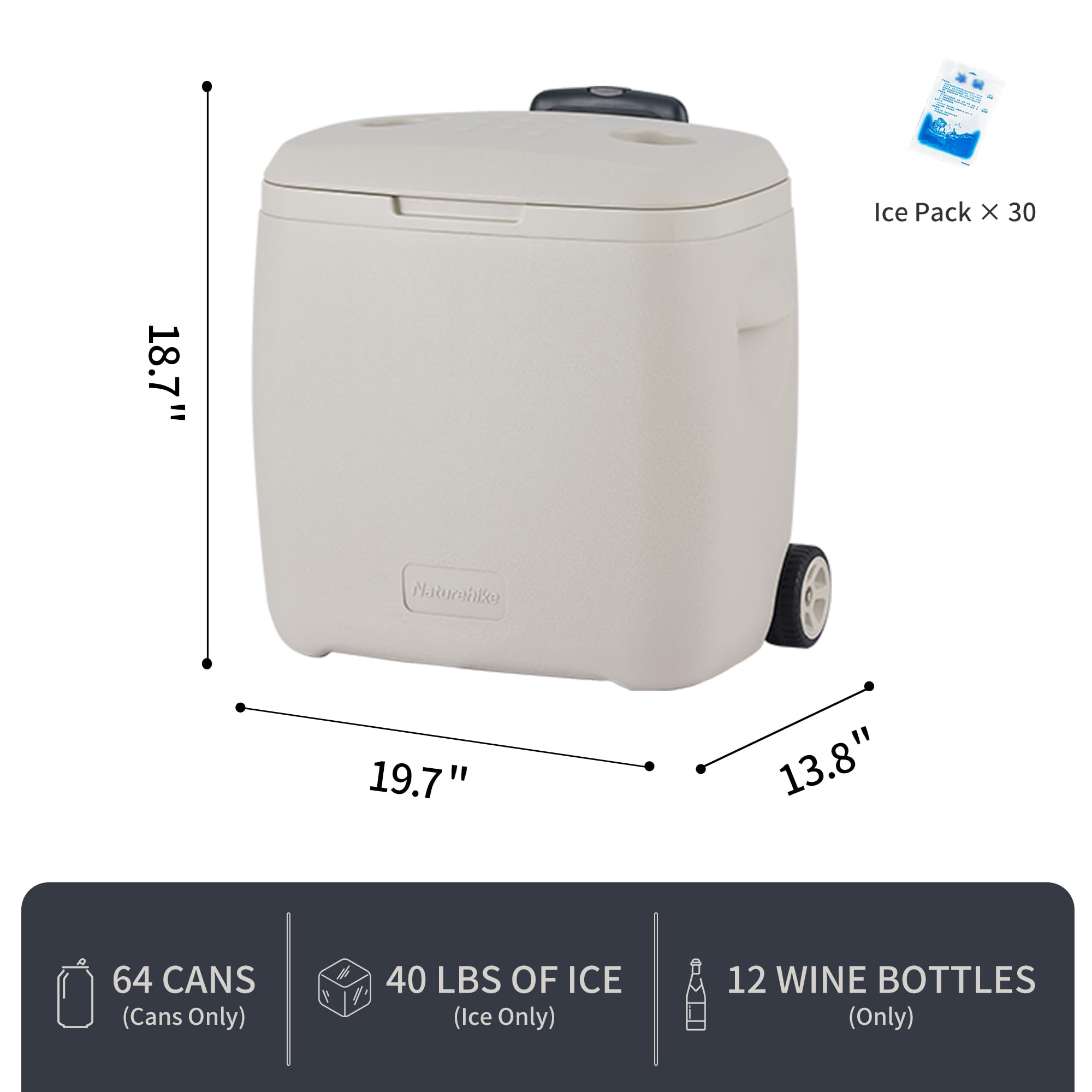 Naturehike 40QT Wheeled Hard Cooler, Insulated Food Safety Ice Chest Box with Te