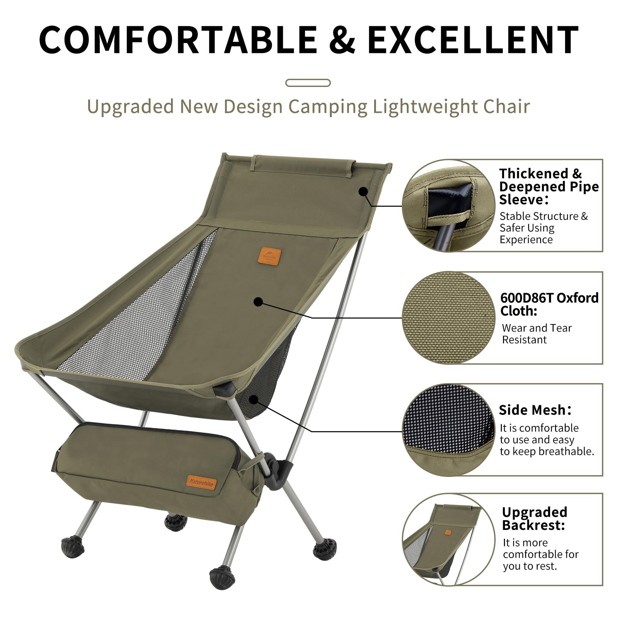 Naturehike YL09 Ultralight Camping Chair, 3.04 LBS Portable Backpacking Chair wi
