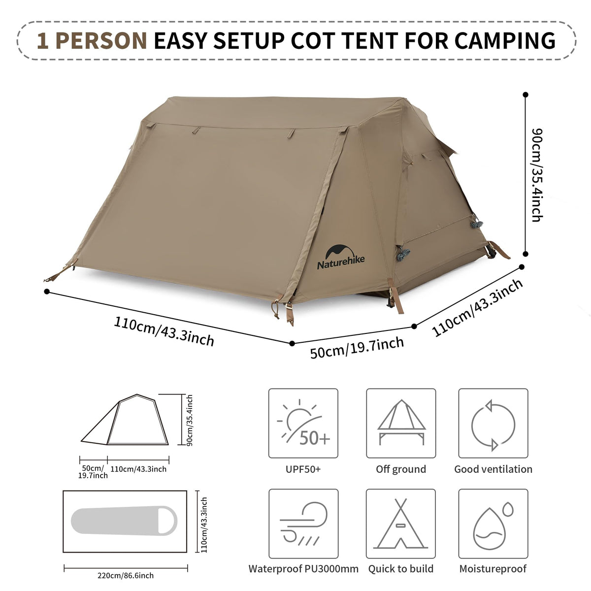 Naturehike Cot Tent for Camping,Easy Setup Pop up Tents for Camping, 1 Person 3
