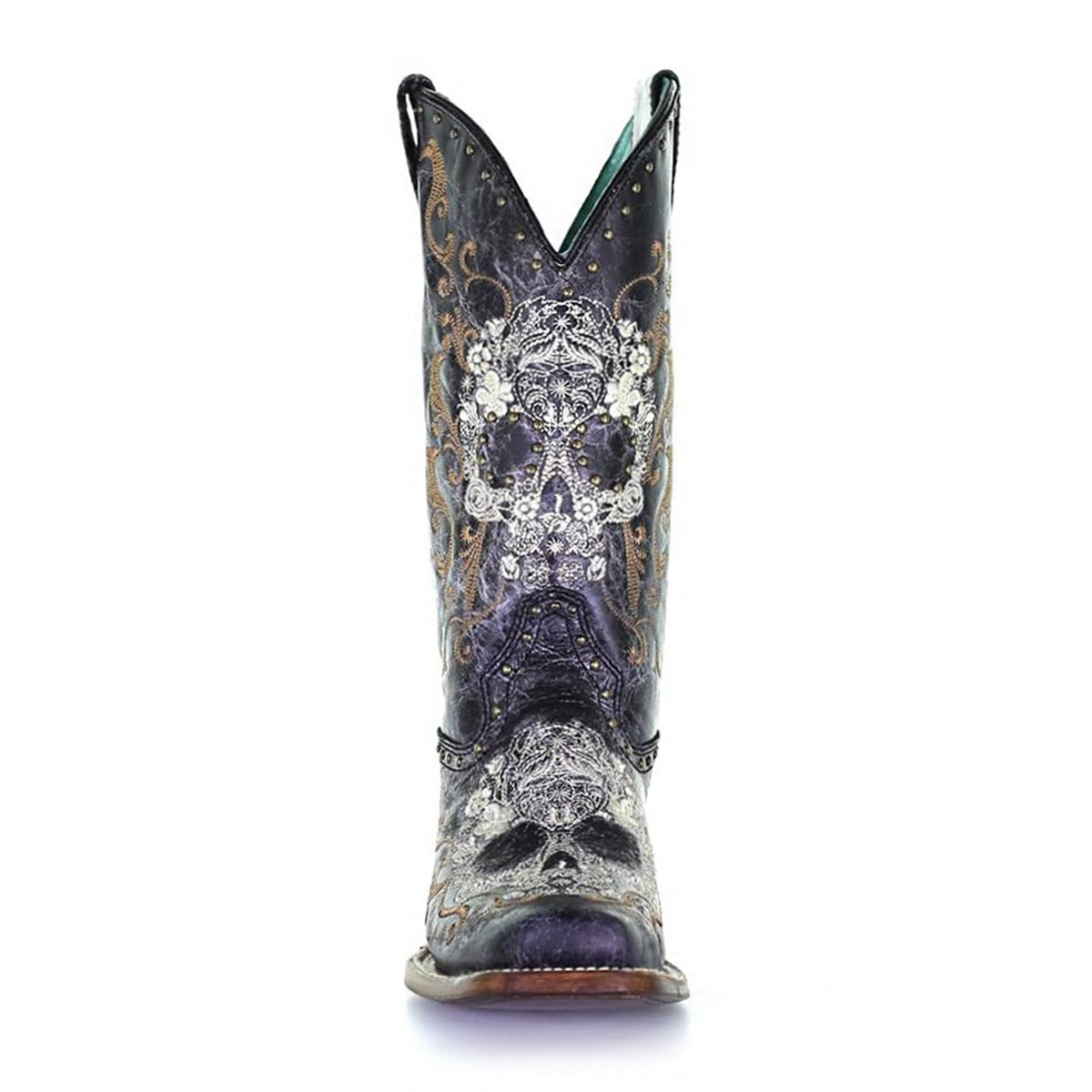 Corral Boots Women's Black and White Floral Sugar Skull Embroidery & Studs Squar