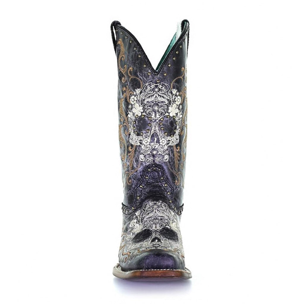 Corral Boots Women's Black and White Floral Sugar Skull Embroidery & Studs Squar, view 3