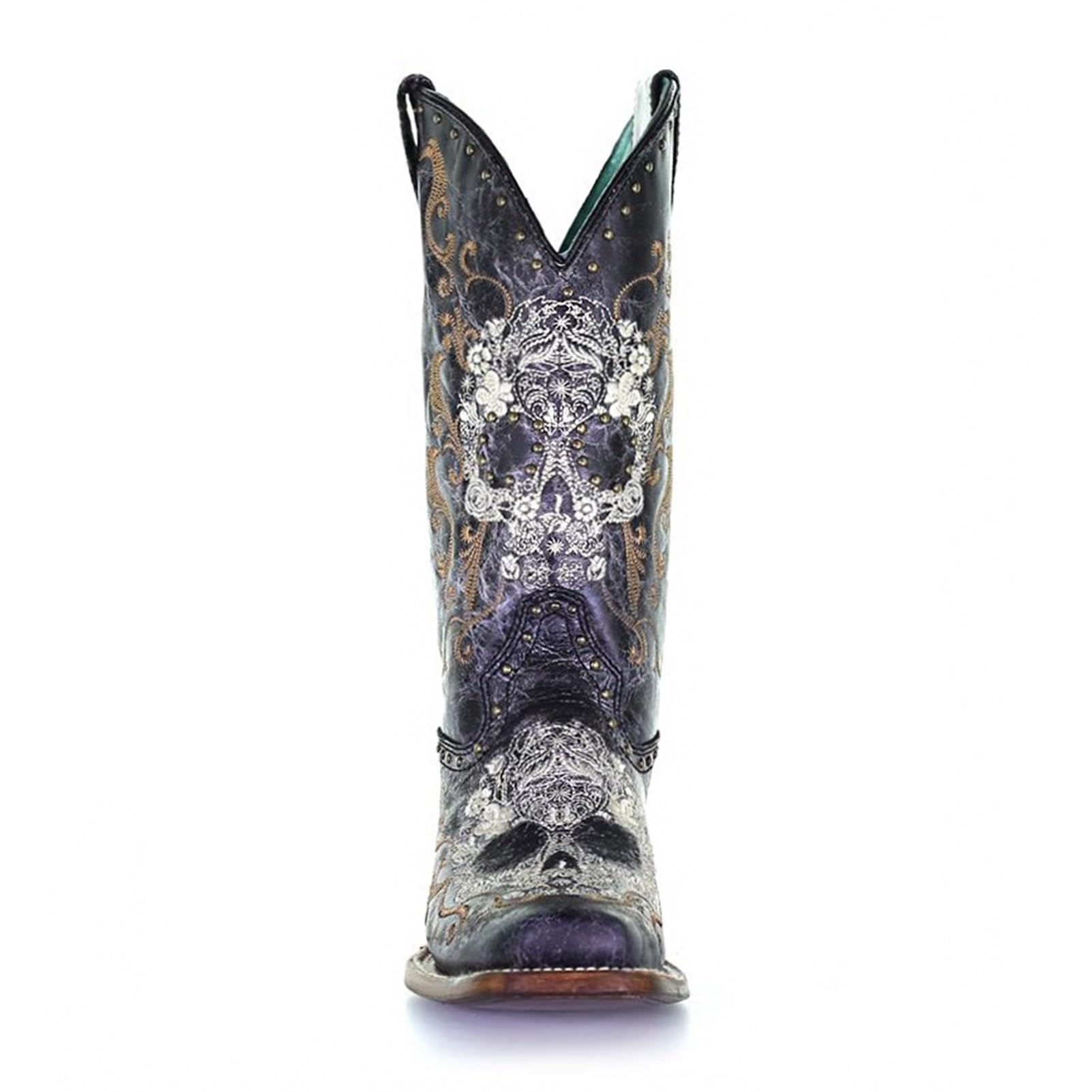 Corral Boots Women's Black and White Floral Sugar Skull Embroidery & Studs Squar