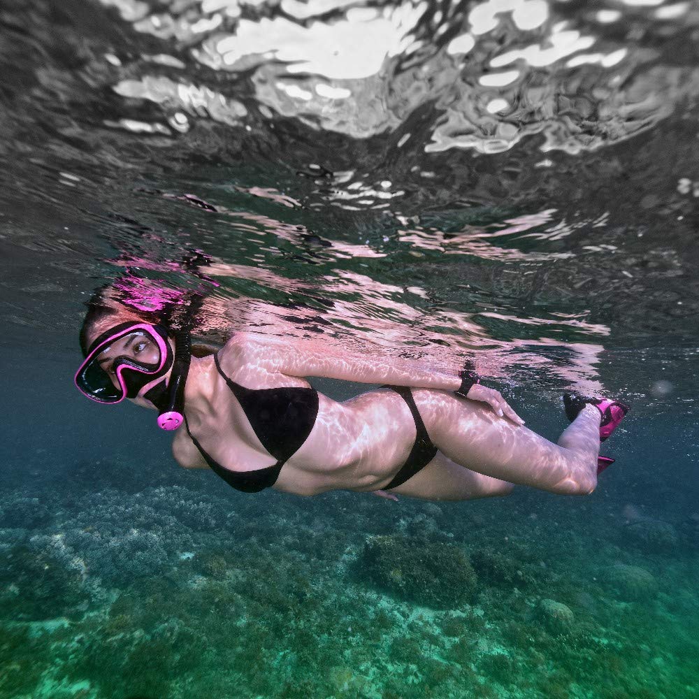 TUSA Sport Adult Serene Mask, Dry Snorkel, and Fin Travel Set, Black/Hot Pink, M
